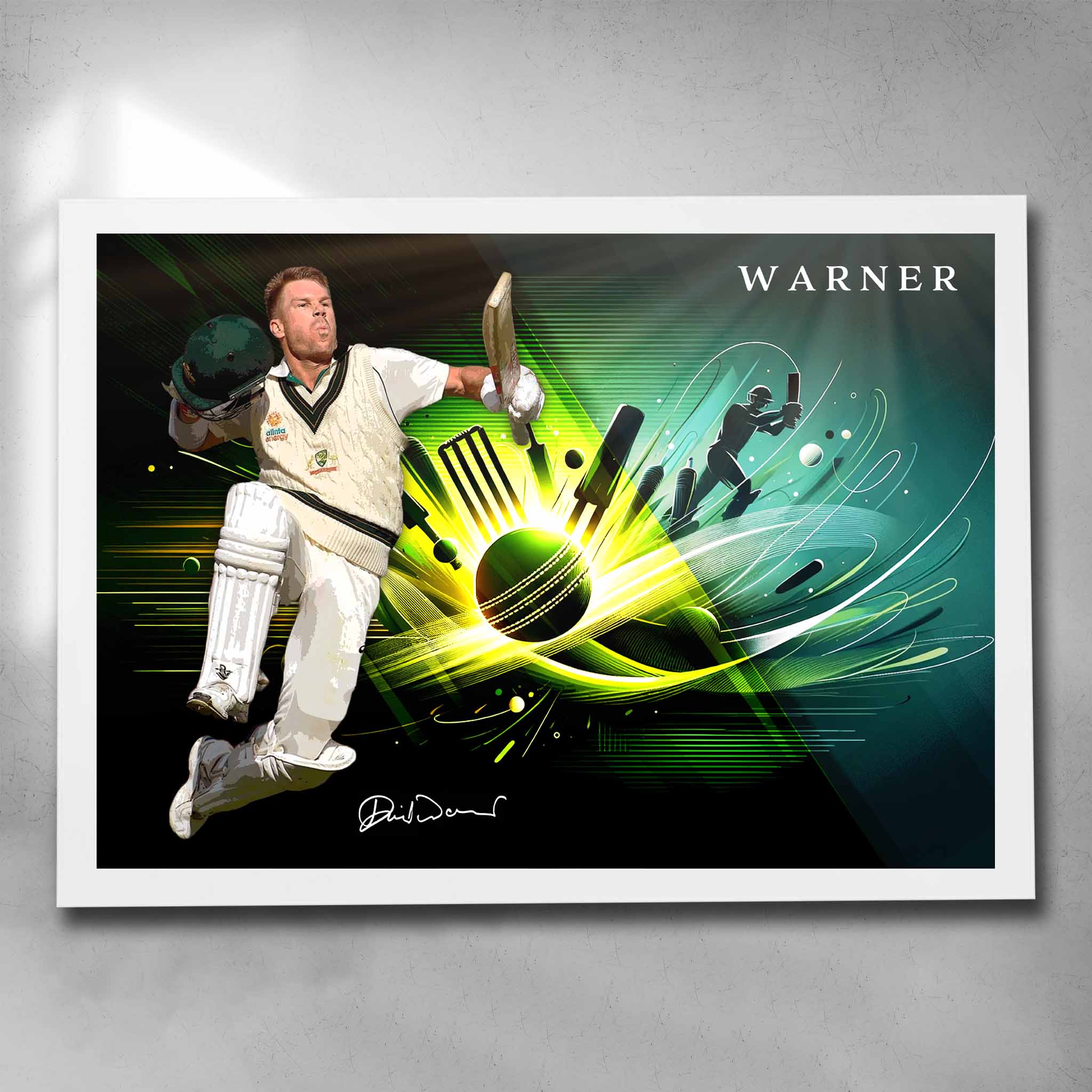 White framed cricket art by Sports Cave, featuring Australian cricketer David Warner. 