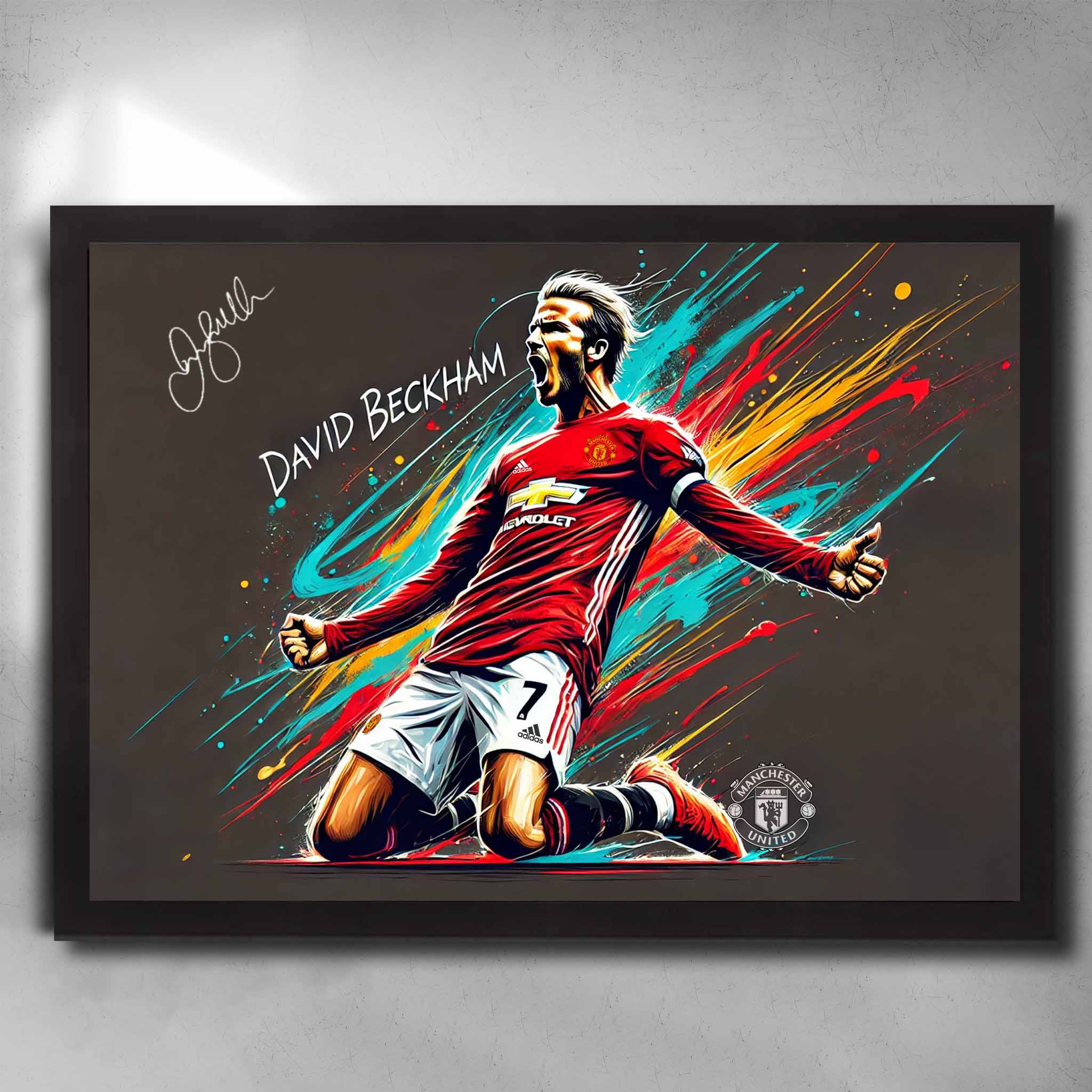 Black framed football art by Sports Cave, featuring David Beckham from Manchester United.