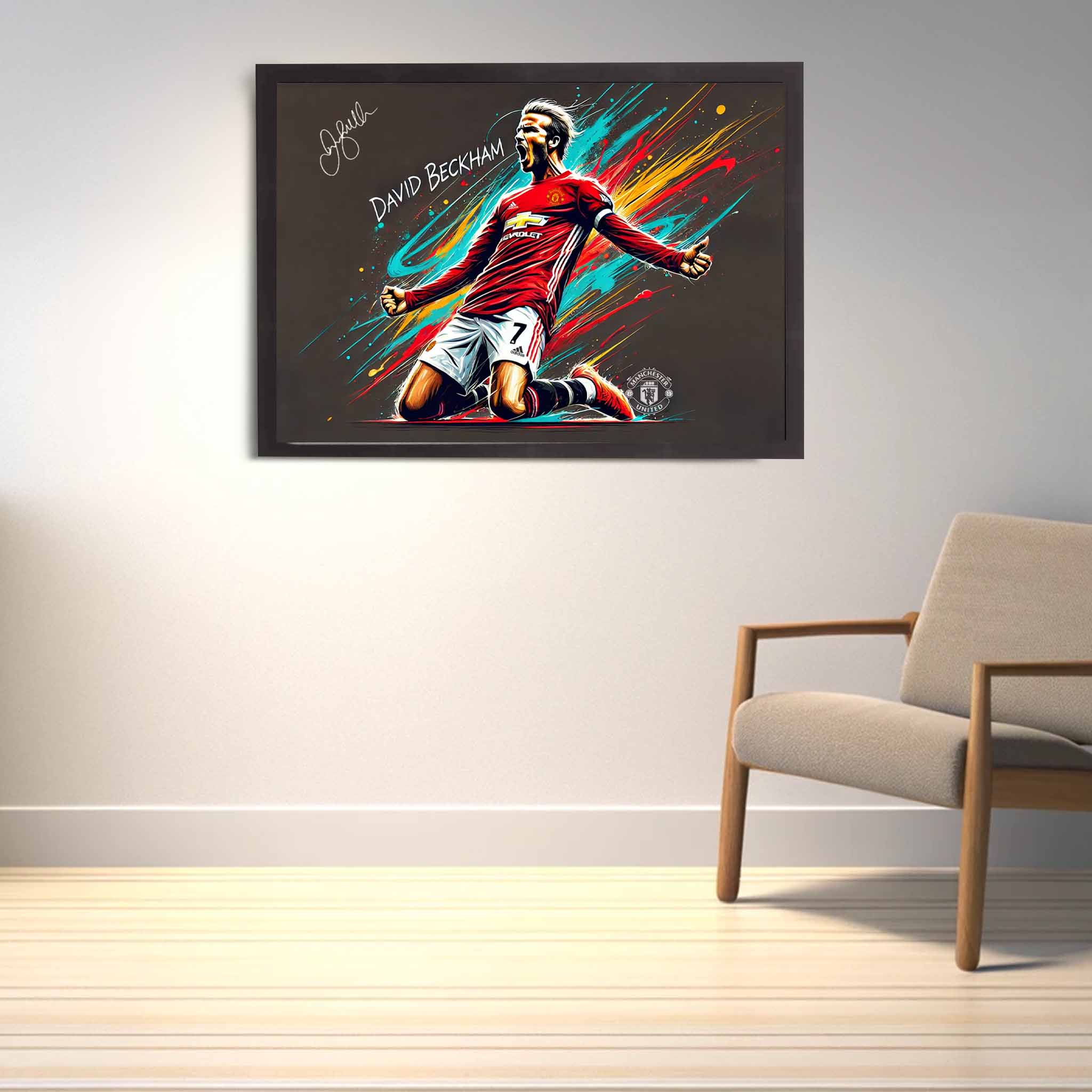 David Beckham fan with a street art graffiti stlye signed print on display as home decor.  