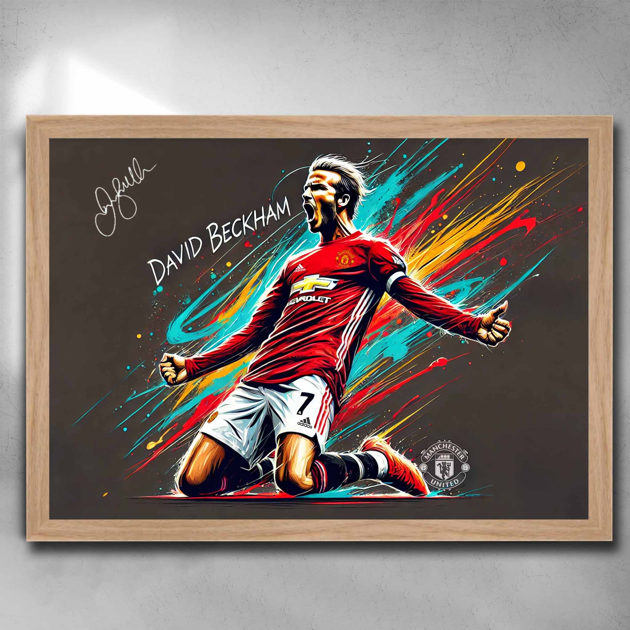 Oak framed football art by Sports Cave, featuring David Beckham from Manchester United.