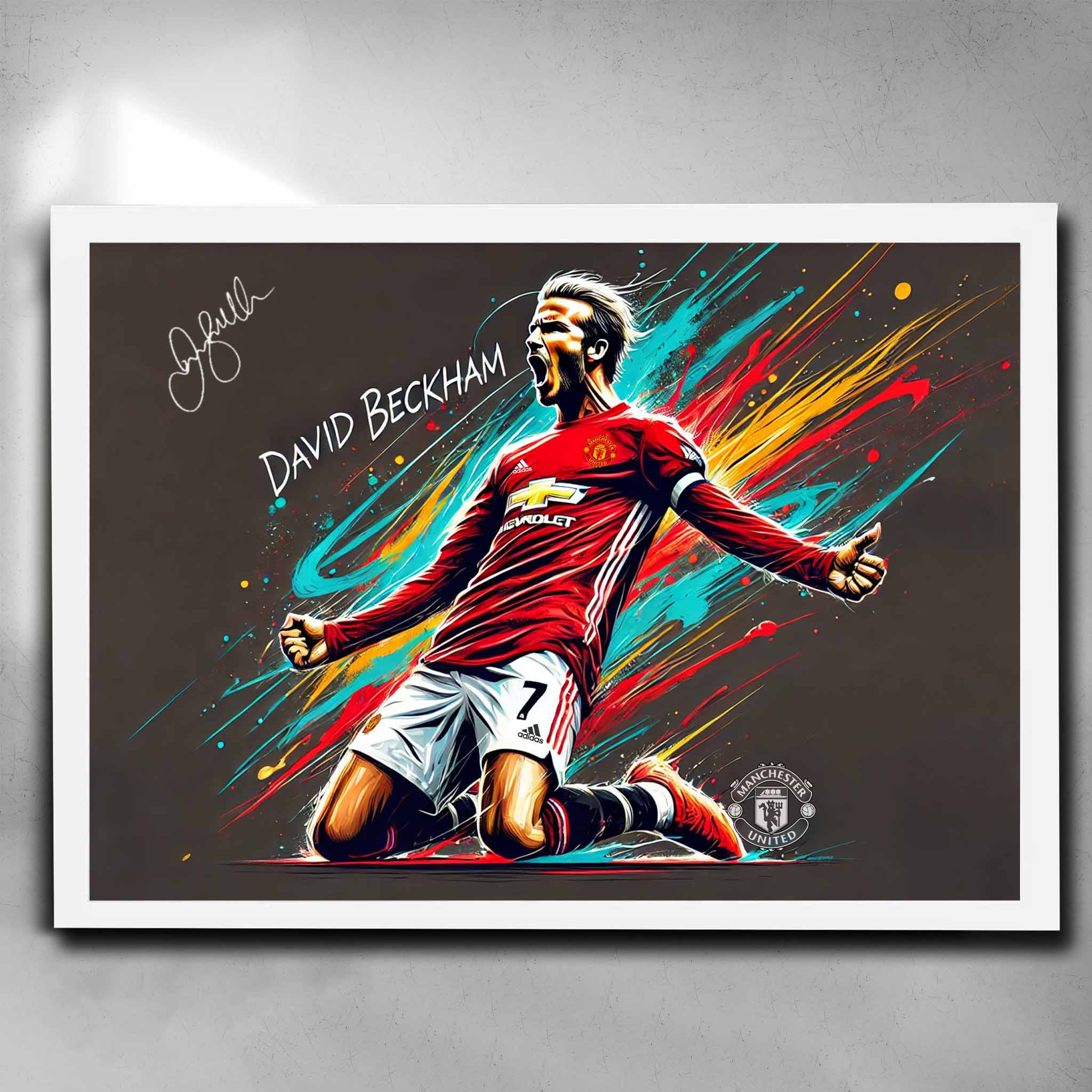 White framed football art by Sports Cave, featuring David Beckham from Manchester United.