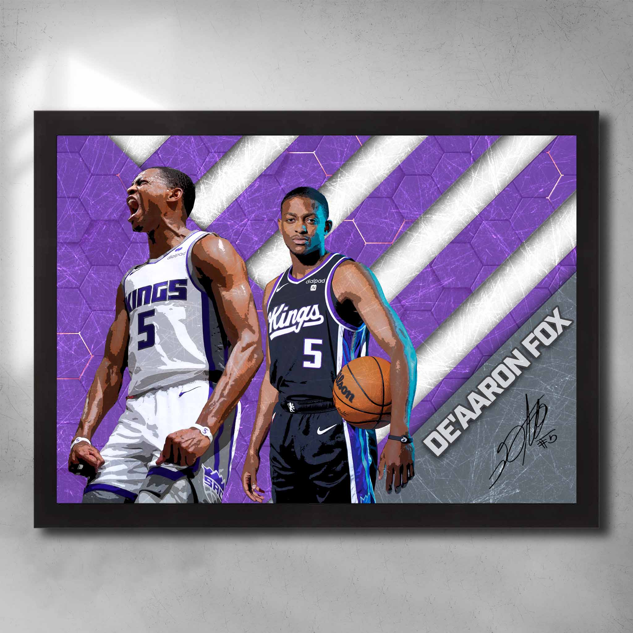 Black framed NBA art by Sports Cave, featuring De'Aaron Fox from the Sacramento Kings.