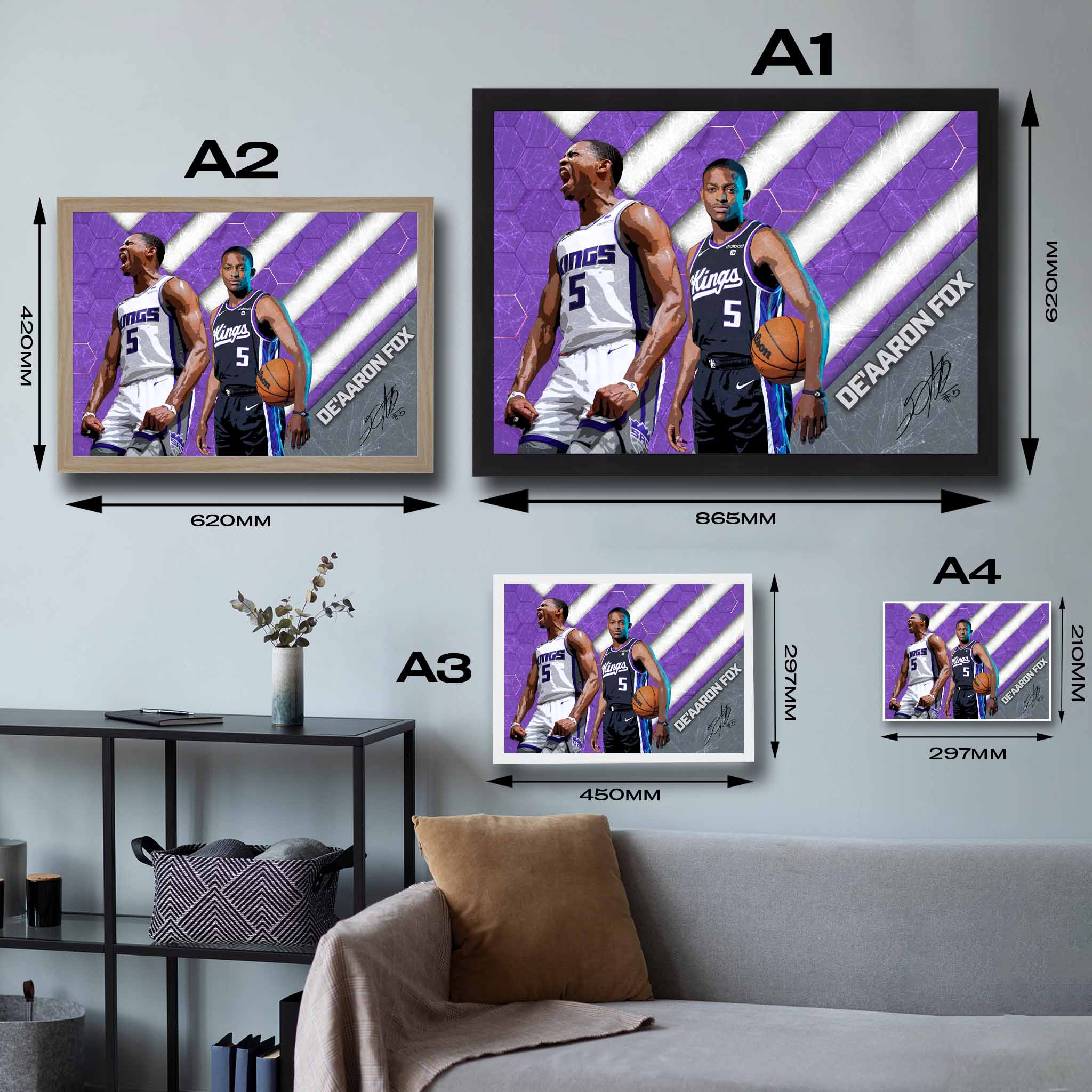 Visual representation of Deaaron Fox framed art size options, ranging from A4 to A2, for selecting the right size for your space.