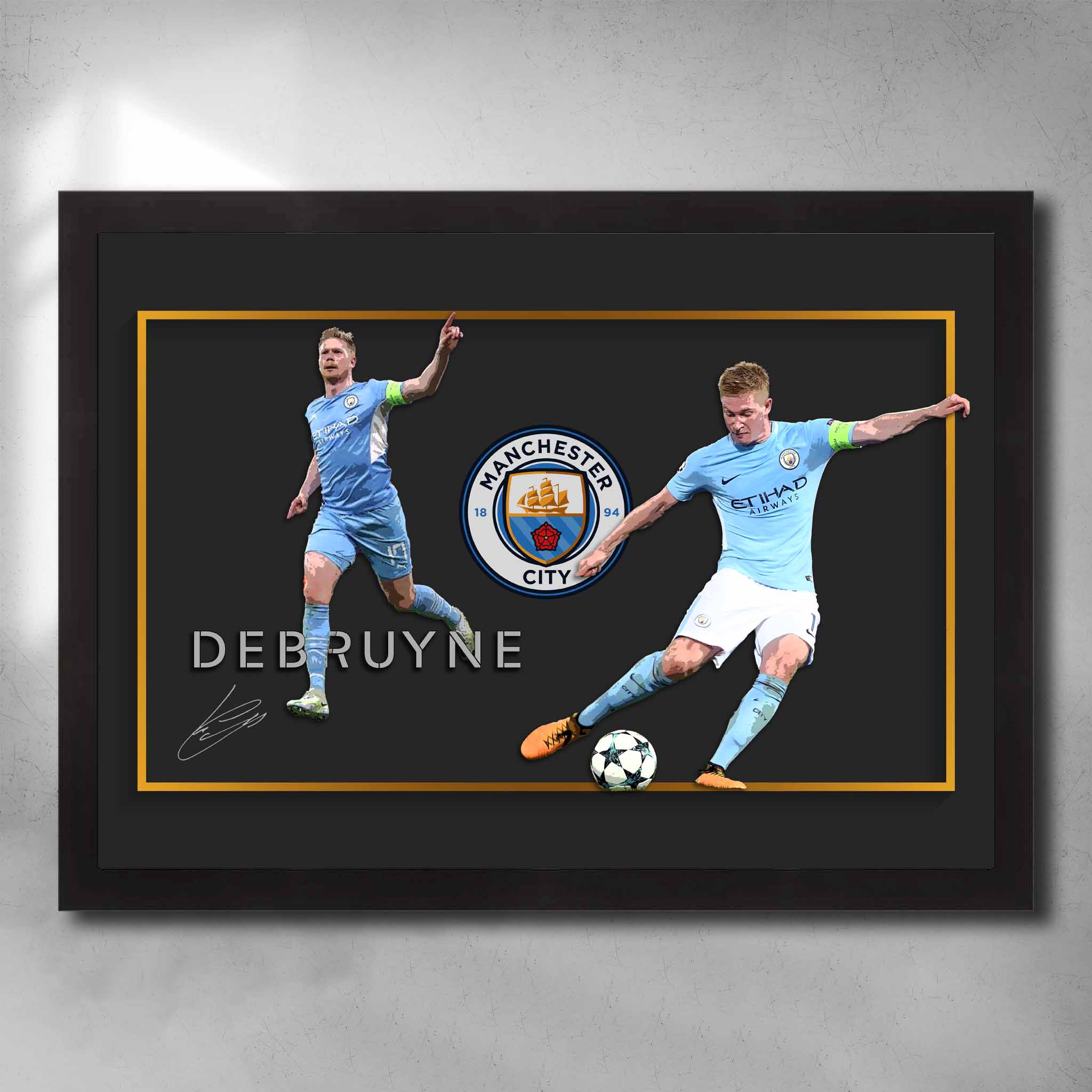 Black framed soccer art featuring Kevin De Bruyne from Manchester City Signed Artwork by Sports Cave