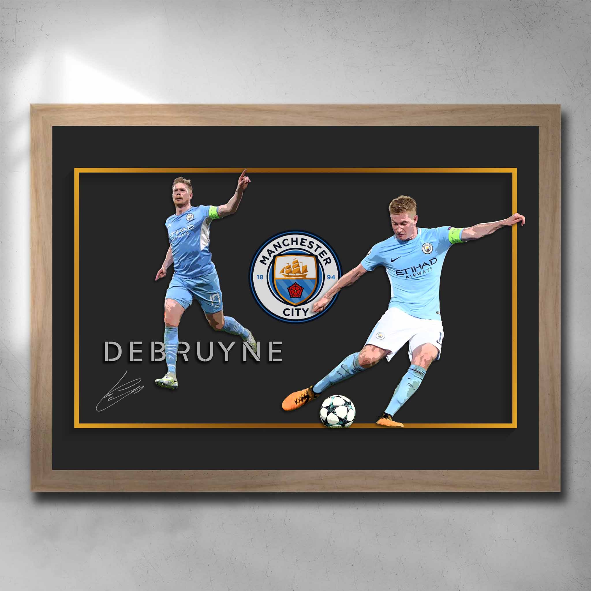 Rustic oak framed soccer art featuring Kevin De Bruyne from Manchester City Signed Artwork by Sports Cave