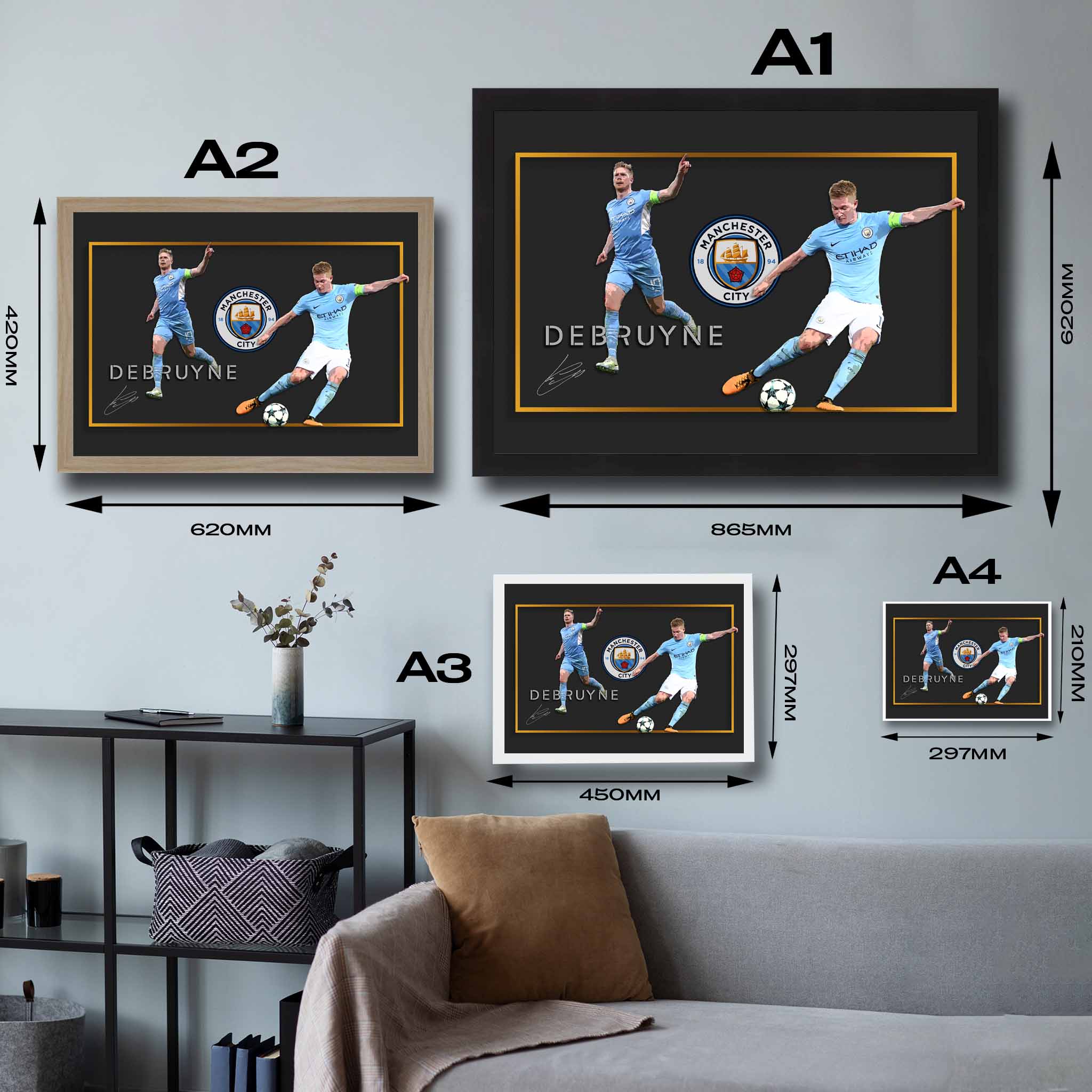 Visual representation of Kevin De Bruyne Champions framed art size options, ranging from A4 to A2, to assist customers in selecting the right size for their space and preferences.