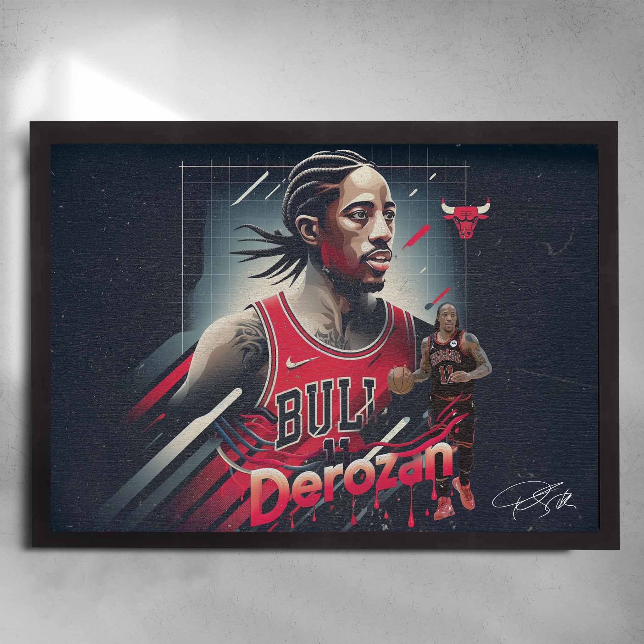 Black framed NBA poster by Sports Cave featuring DeMar DeRozan from the Chicago Bulls.