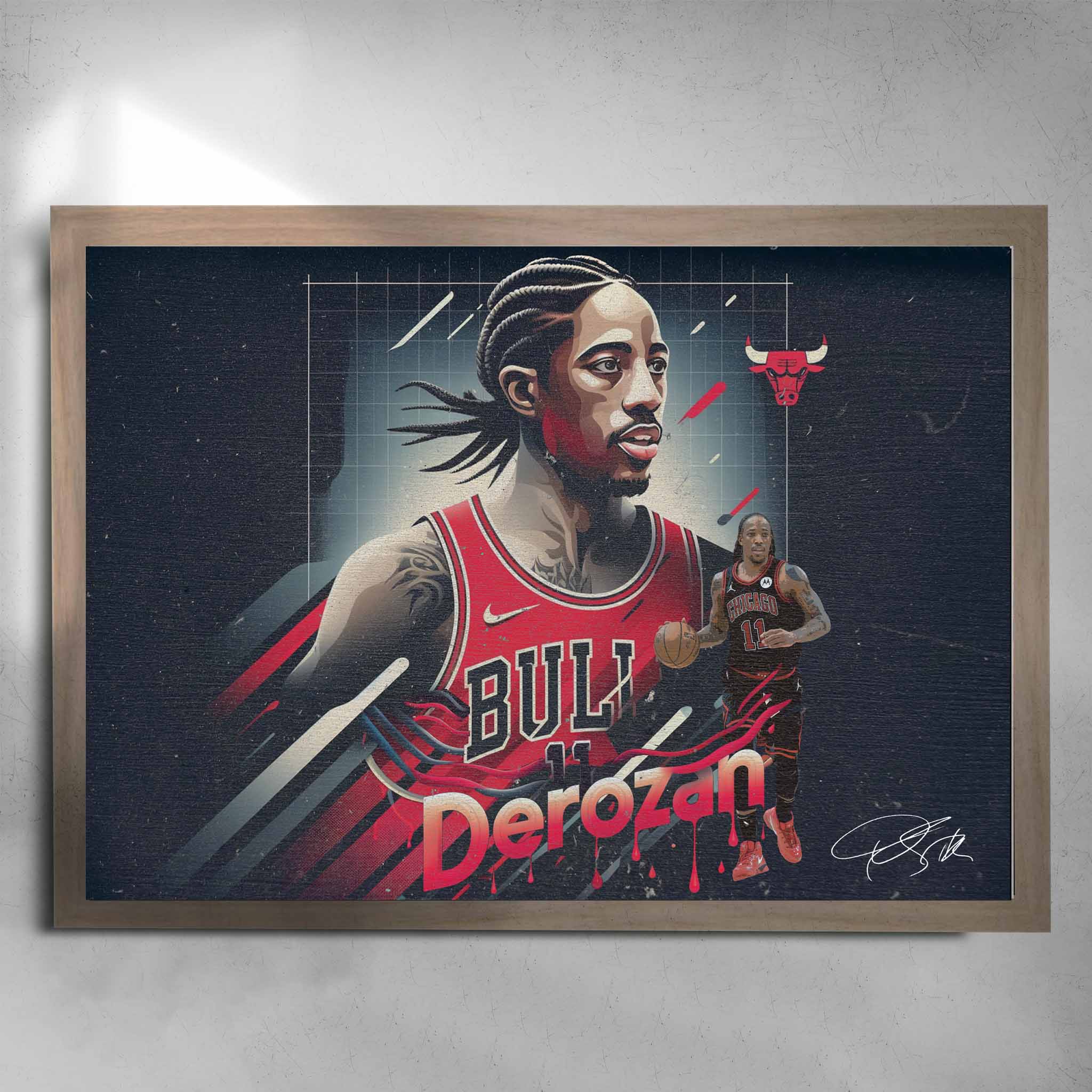 Oak framed NBA poster by Sports Cave featuring DeMar DeRozan from the Chicago Bulls.