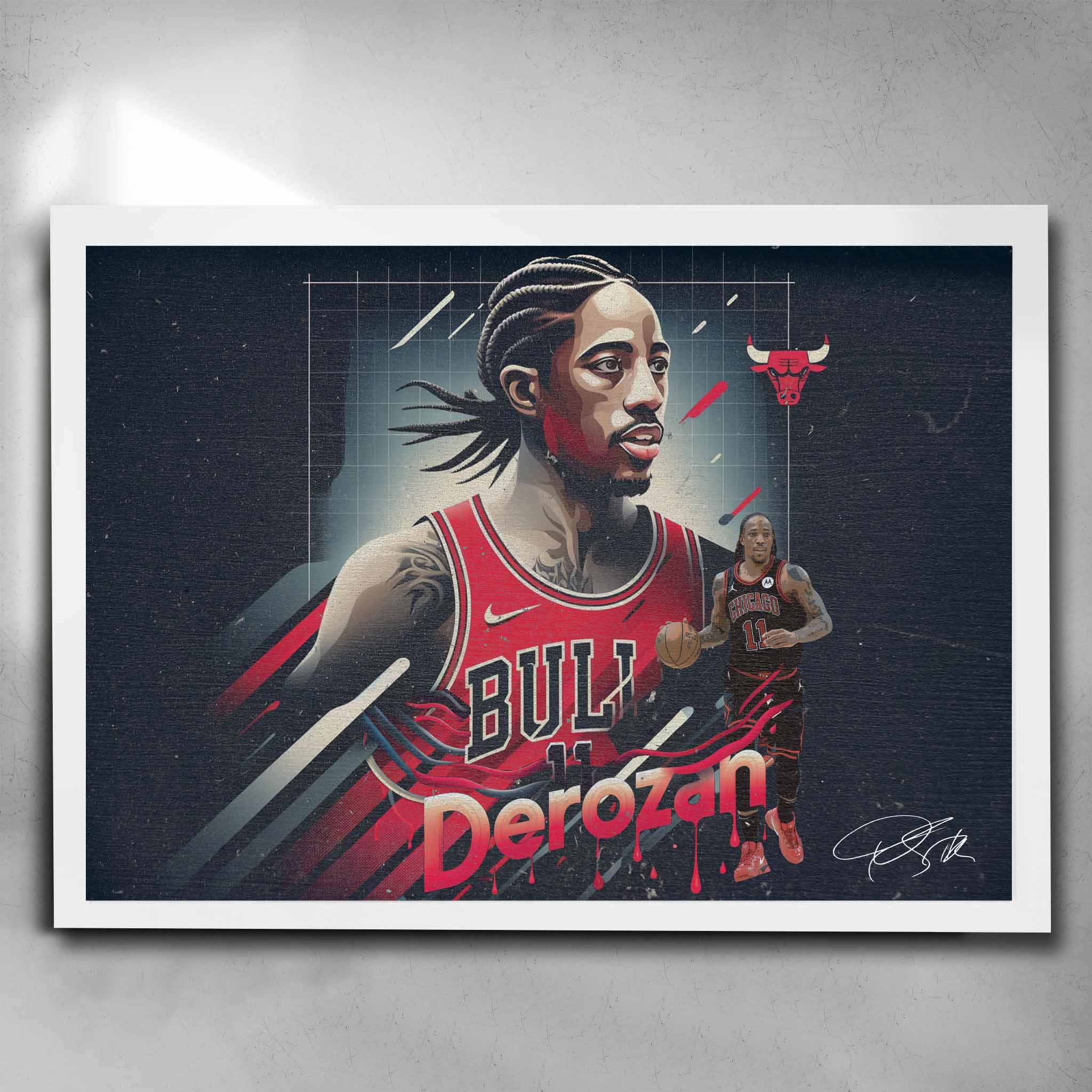 White framed NBA poster by Sports Cave featuring DeMar DeRozan from the Chicago Bulls.