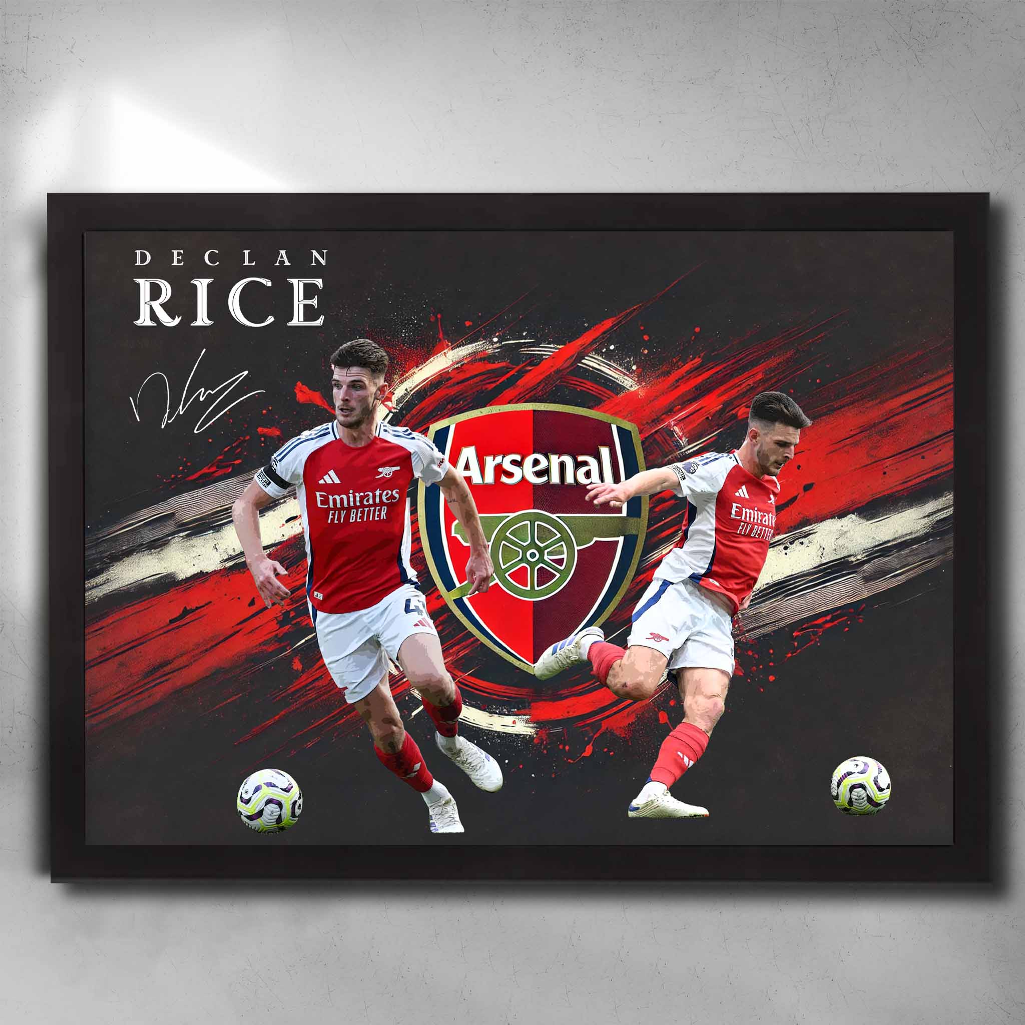 Declan Rice Arsenal framed poster in black frame featuring action shots of Rice and iconic Arsenal logo, perfect football wall art for Arsenal fans.