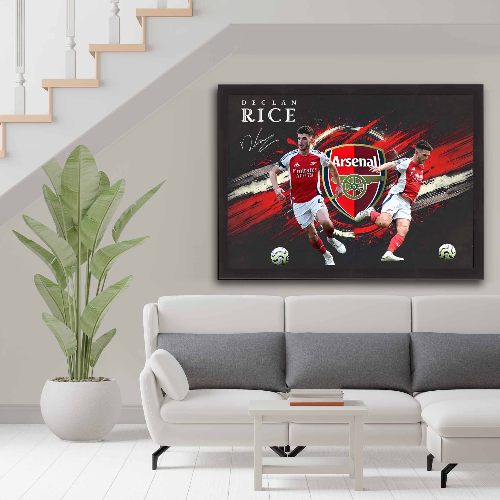 Declan Rice Arsenal framed poster on living room wall, modern football art decor featuring action shots and iconic Arsenal logo, perfect for any Arsenal fan's space.