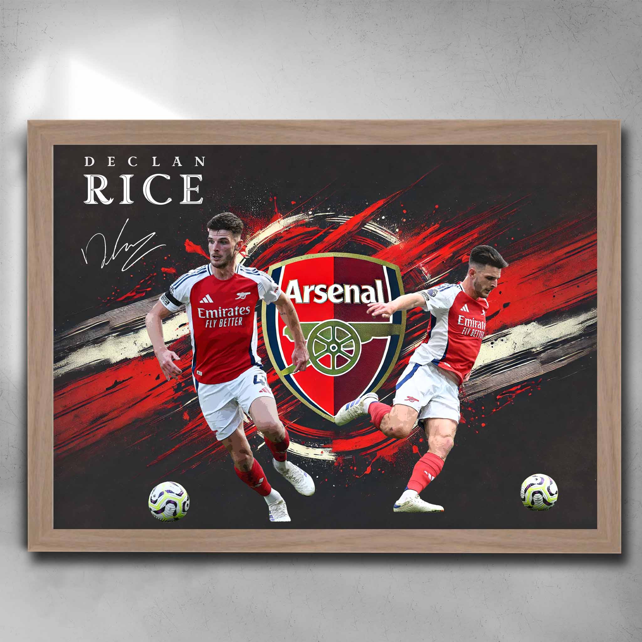 Declan Rice Arsenal framed poster in oak frame featuring action shots of Rice and iconic Arsenal logo, perfect football wall art for Arsenal fans.