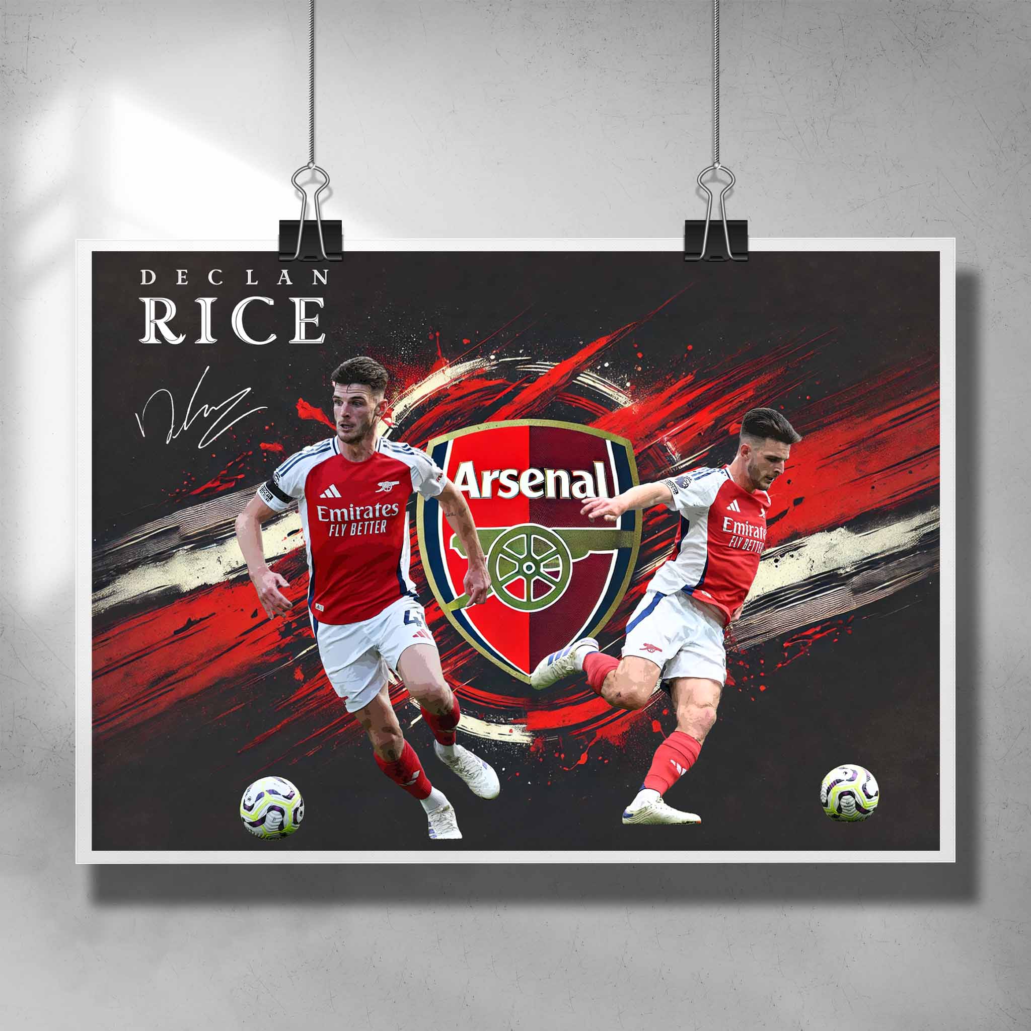 Declan Rice Arsenal framed poster featuring action shots of Rice and iconic Arsenal logo, perfect football wall art for Arsenal fans.