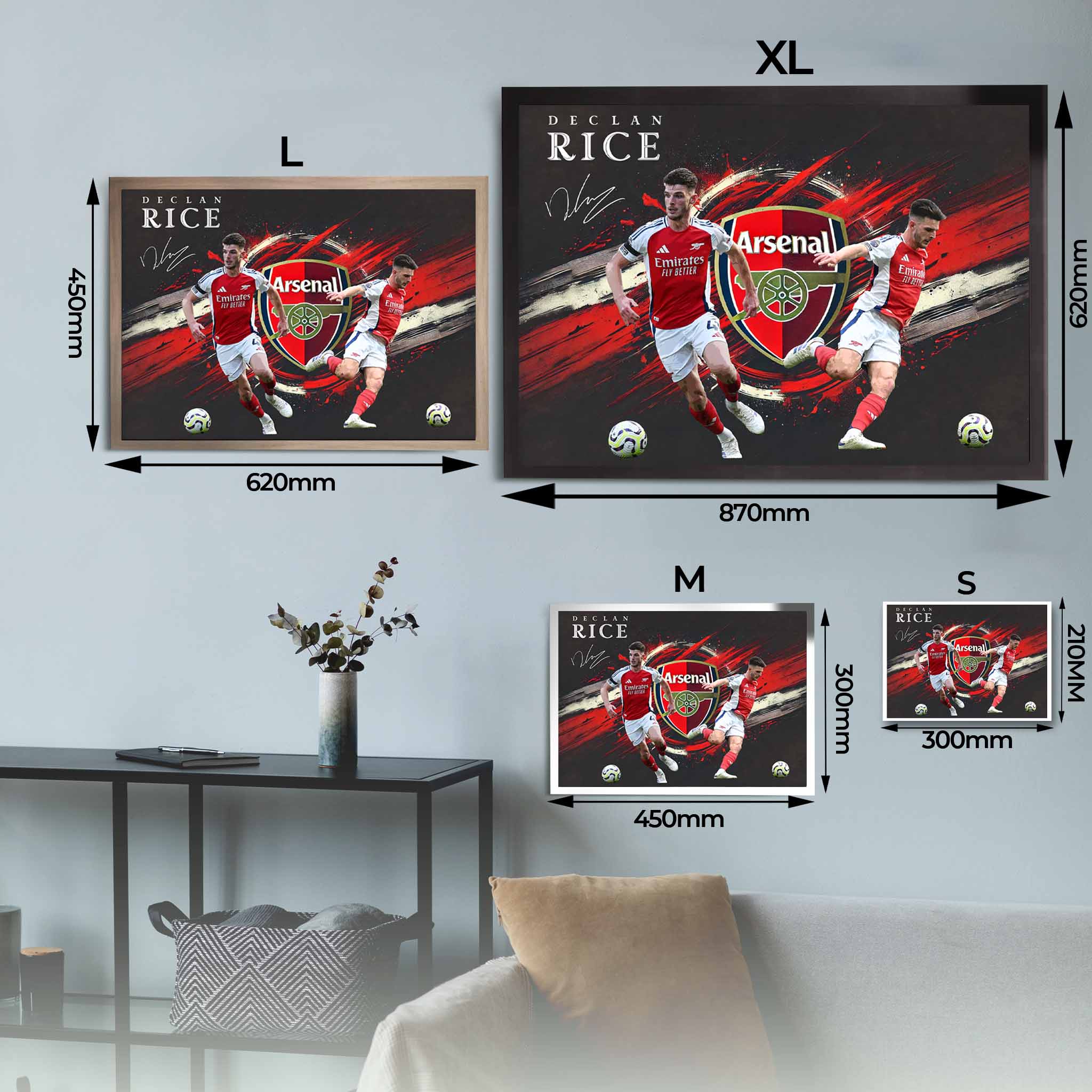 Declan Rice Arsenal framed poster size chart showing available options in XL, L, M, and S with dimensions, perfect football wall decor for Arsenal fans.