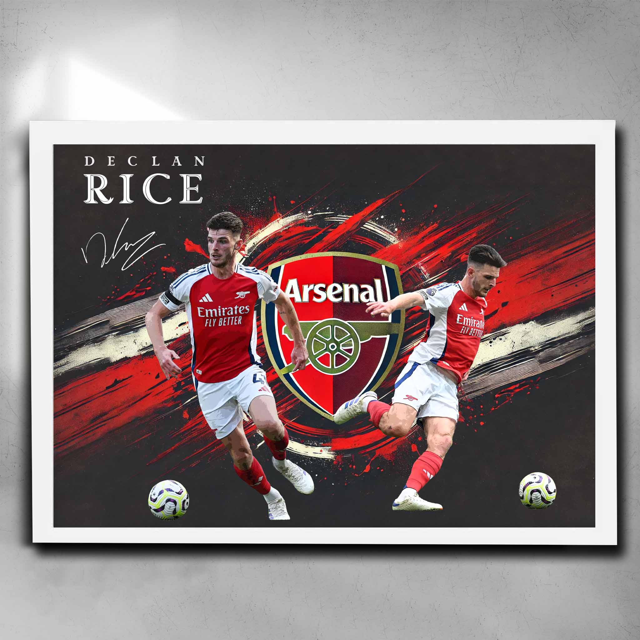 Declan Rice Arsenal framed poster in white frame featuring action shots of Rice and iconic Arsenal logo, perfect football wall art for Arsenal fans.