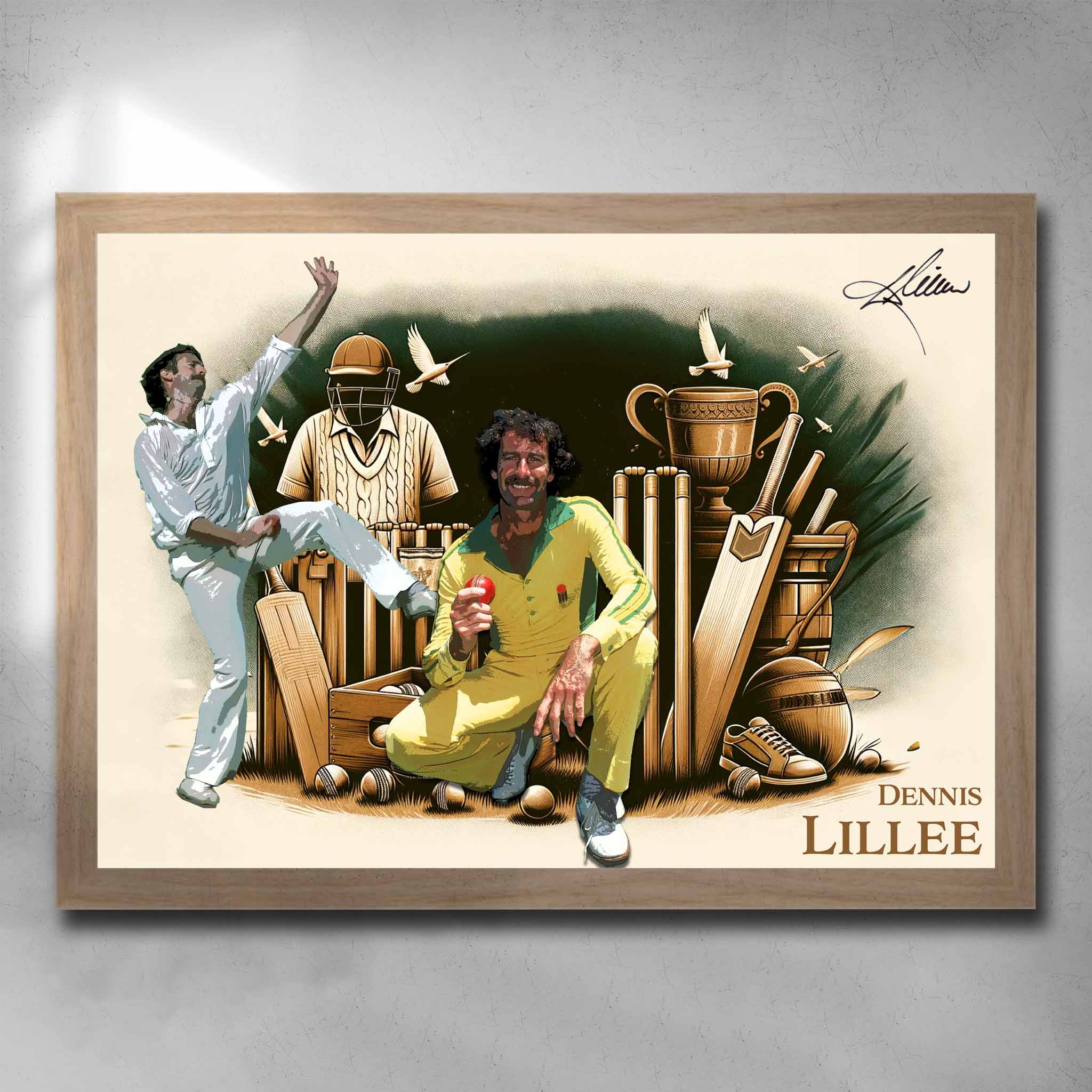 Oak framed cricket art by Sports Cave, featuring Australian cricket legend Dennis Lillee. 