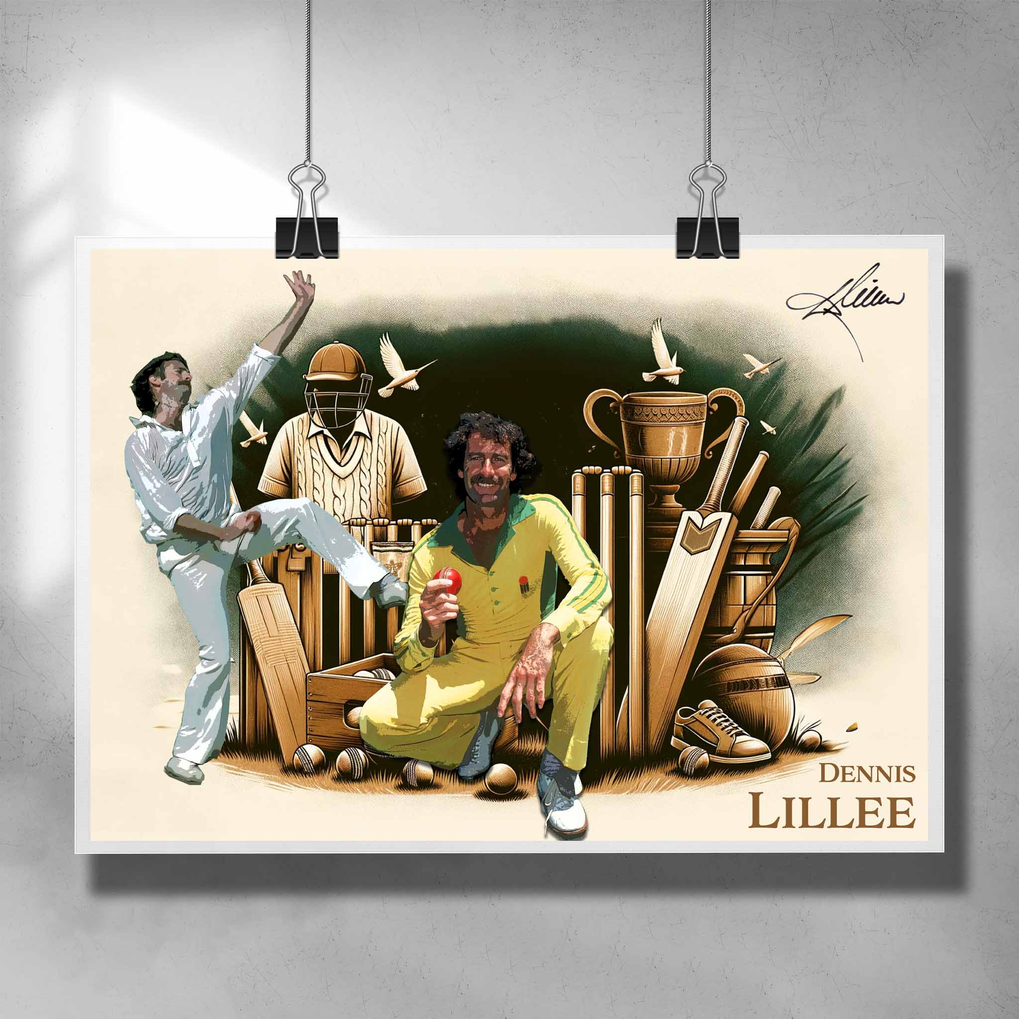 Unique cricket poster by Sports Cave, featuring Australian cricket legend Dennis Lillee. 