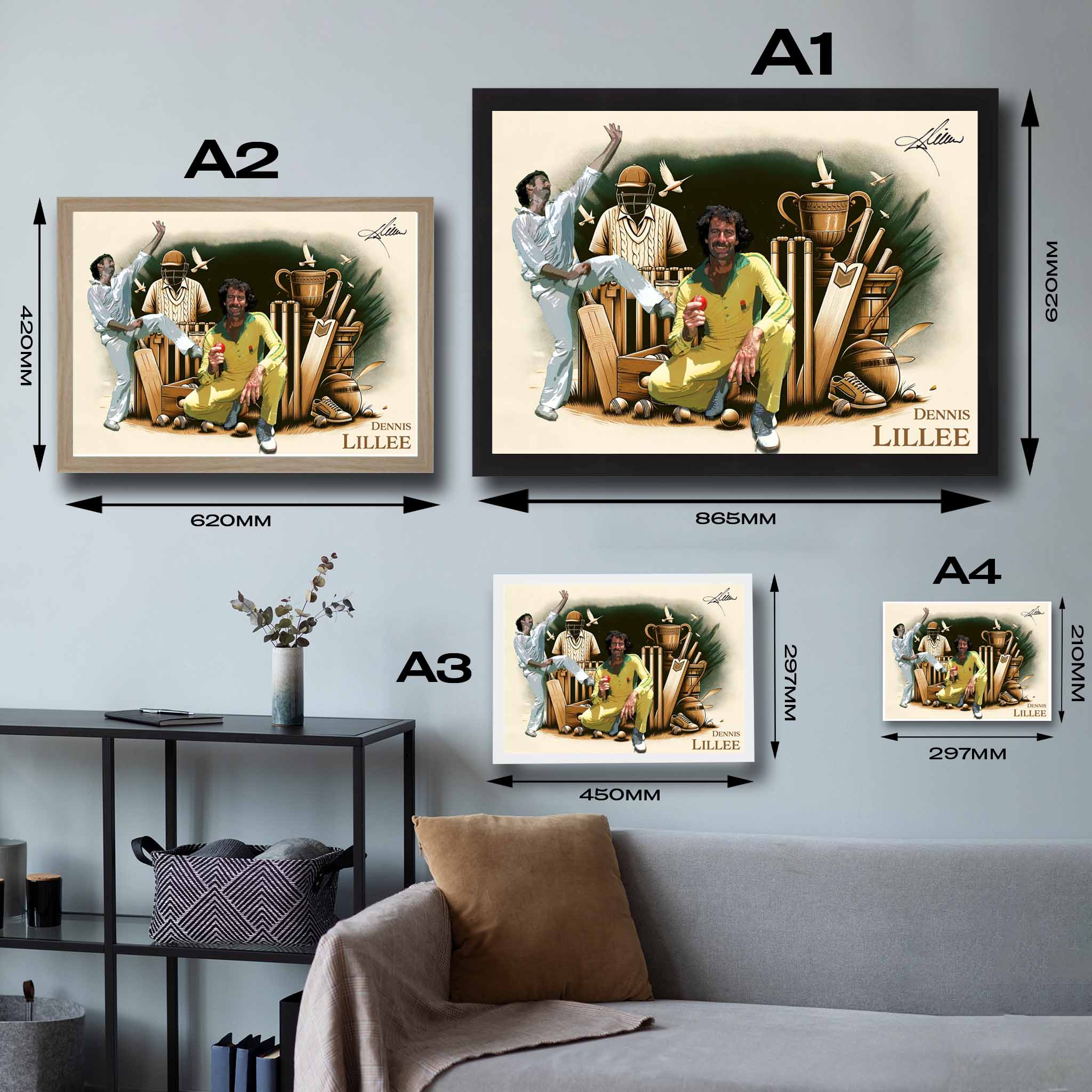 Visual representation of Dennis Lillee framed art size options, ranging from A4 to A2, for selecting the right size for your space.