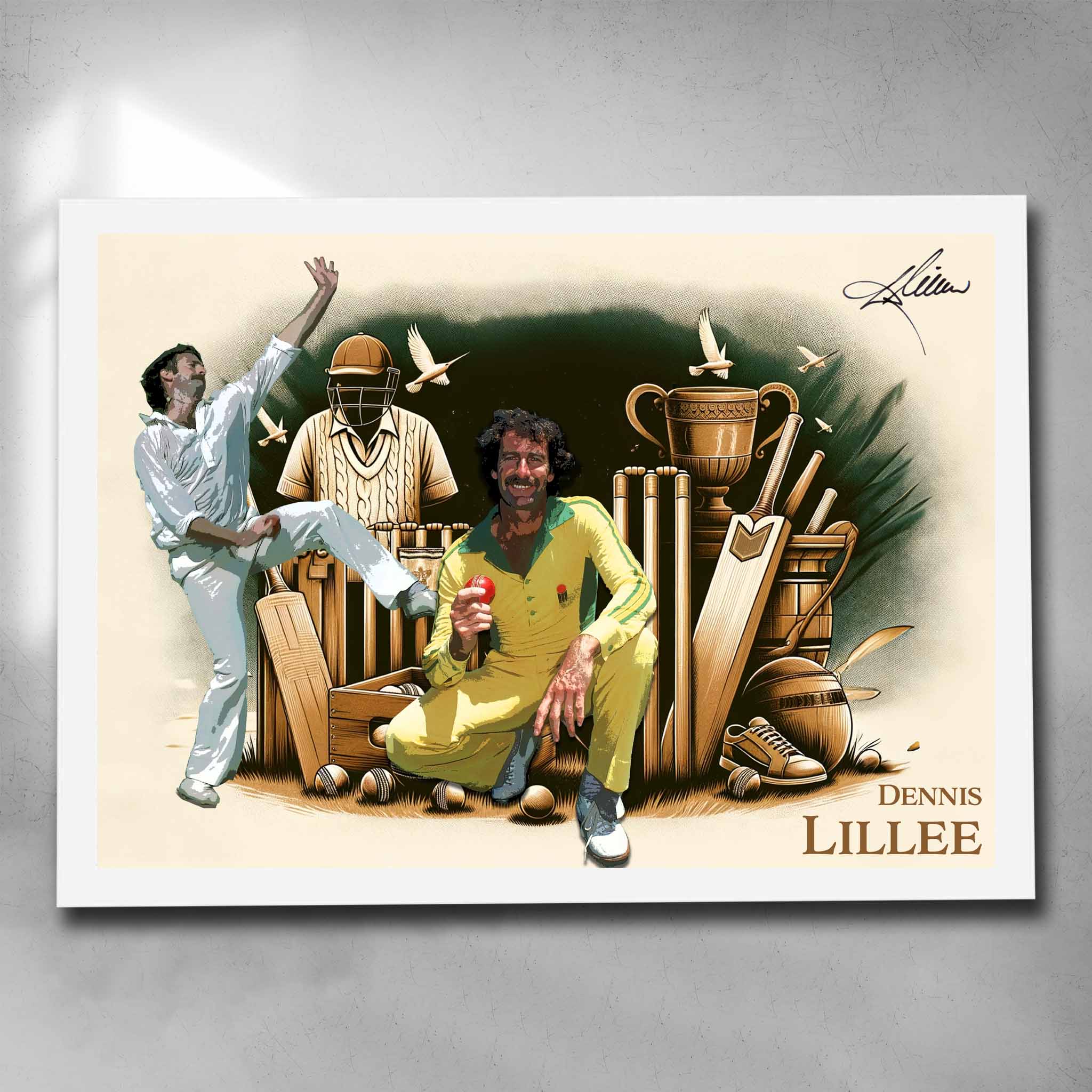 White framed cricket art by Sports Cave, featuring Australian cricket legend Dennis Lillee. 