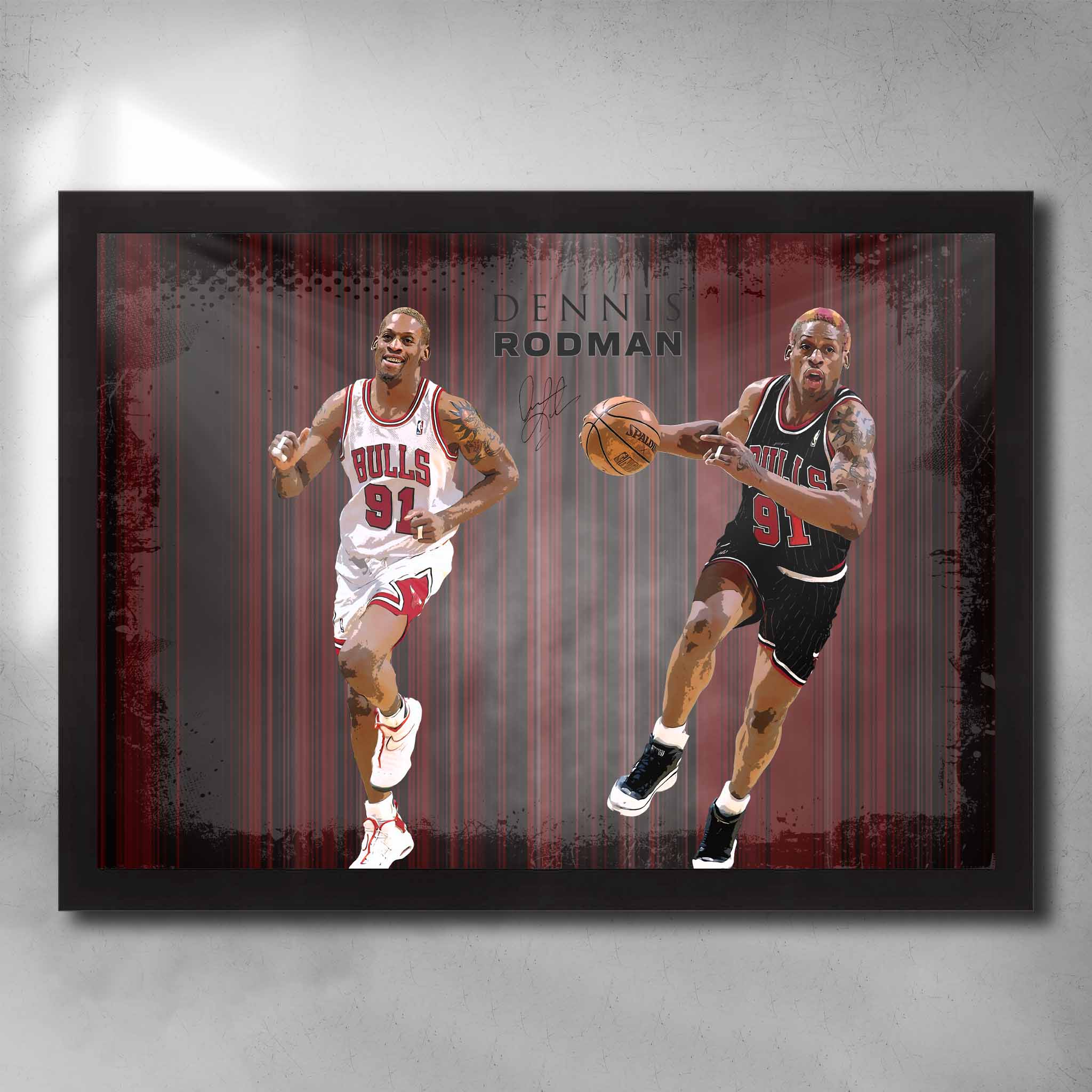 Black framed NBA Art by Sports Cave, featuring Dennis Rodman the legend from the Chicago Bulls. 