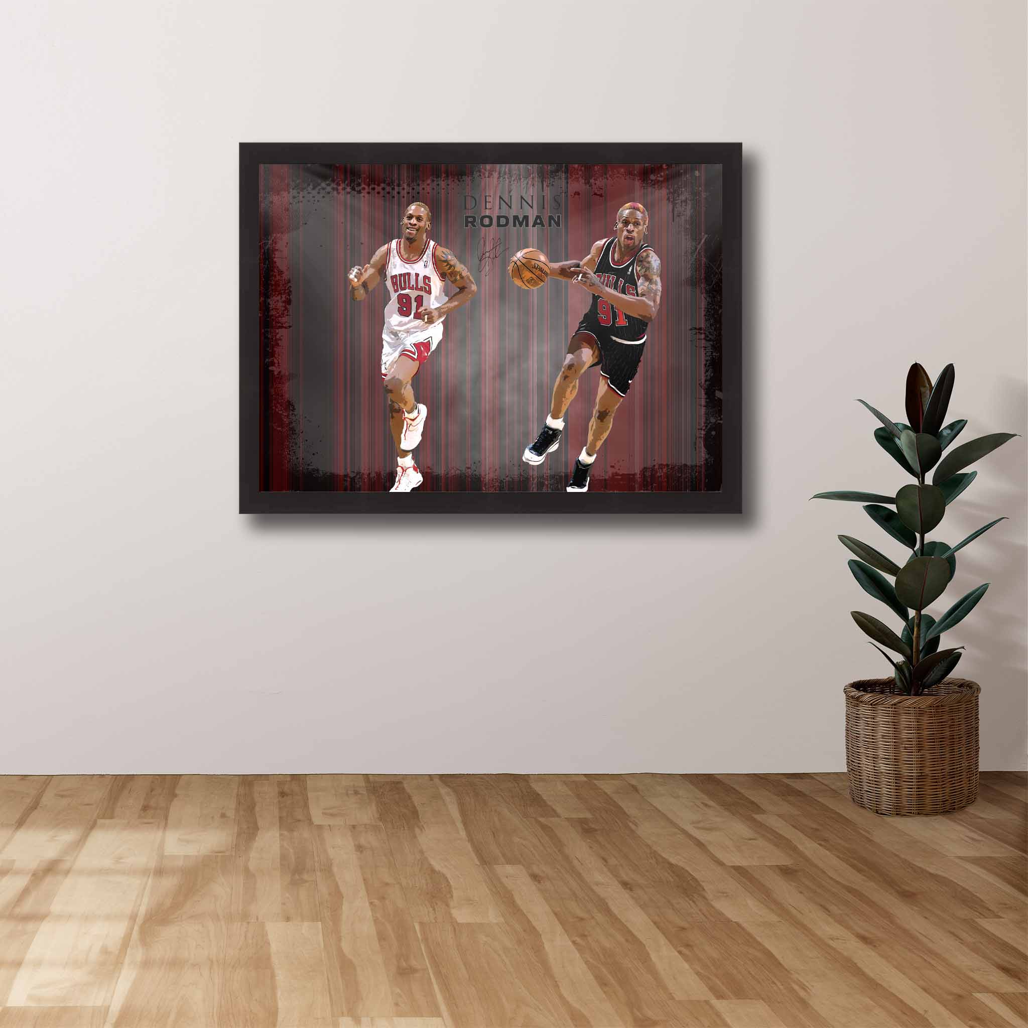 Devoted Chicago fan's tribute: Dennis Rodman framed art proudly displayed on the wall.