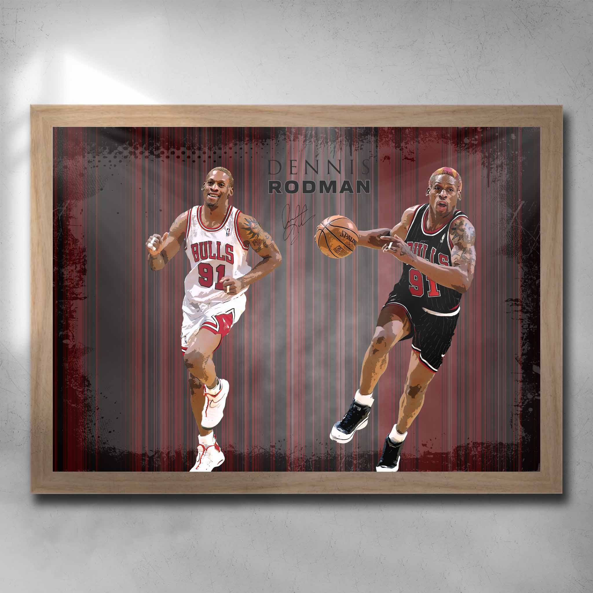 Oak framed NBA Art by Sports Cave, featuring Dennis Rodman the legend from the Chicago Bulls. 