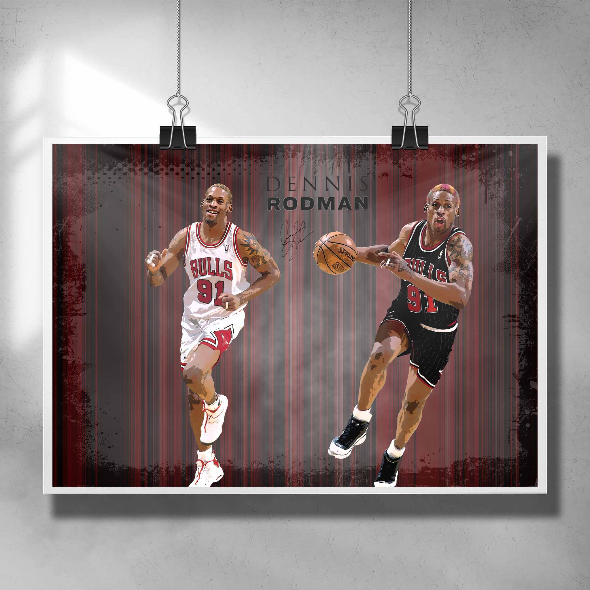 Unique NBA Poster by Sports Cave, featuring Dennis Rodman the basketball legend from the Chicago Bulls. 