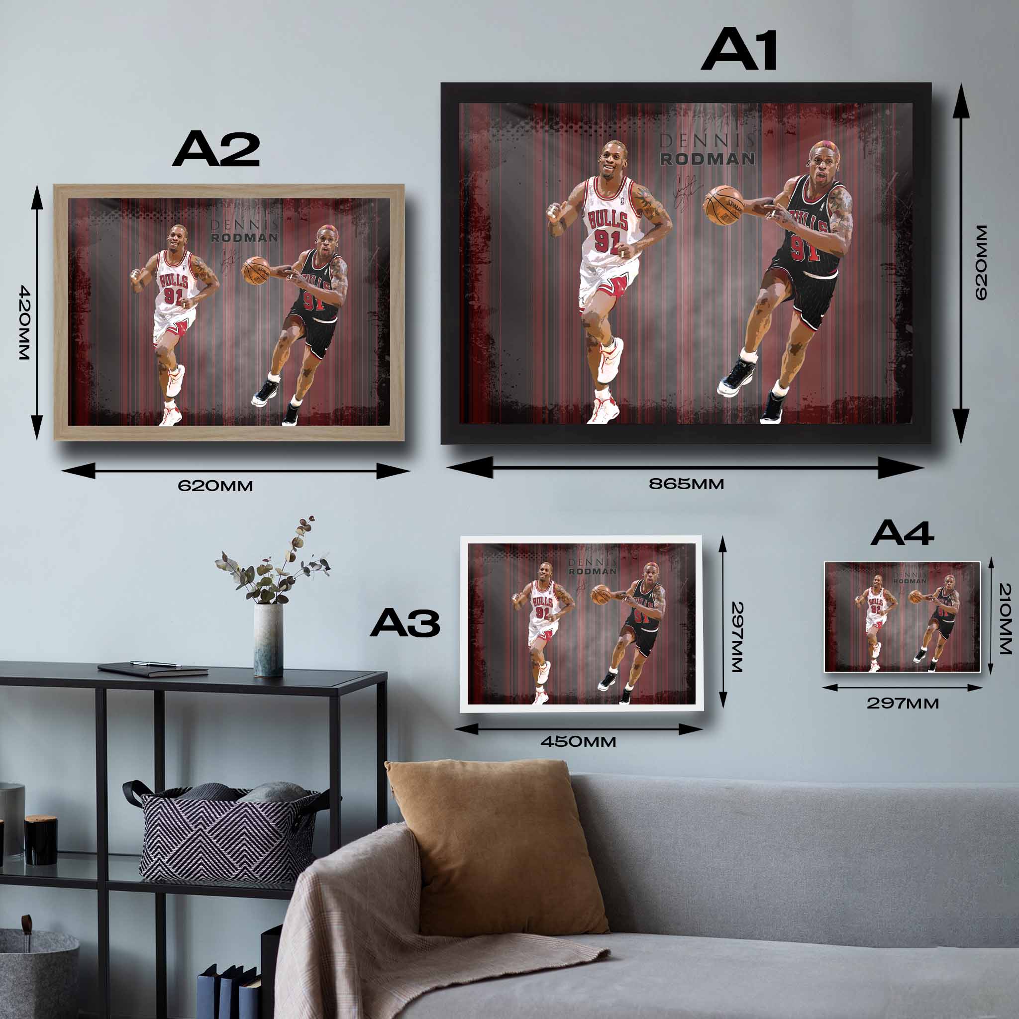 Visual representation of Dennis Rodman framed art size options, ranging from A4 to A2, to assist selecting the right size for your space and preferences.