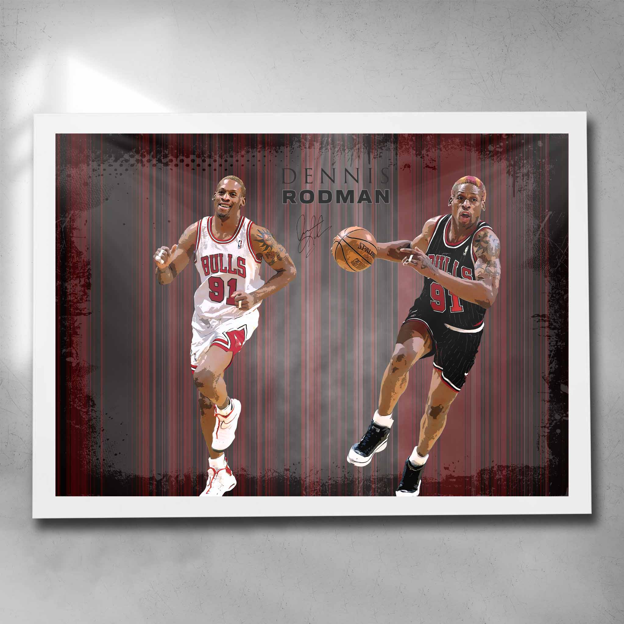 White framed NBA Art by Sports Cave, featuring Dennis Rodman the legend from the Chicago Bulls. 