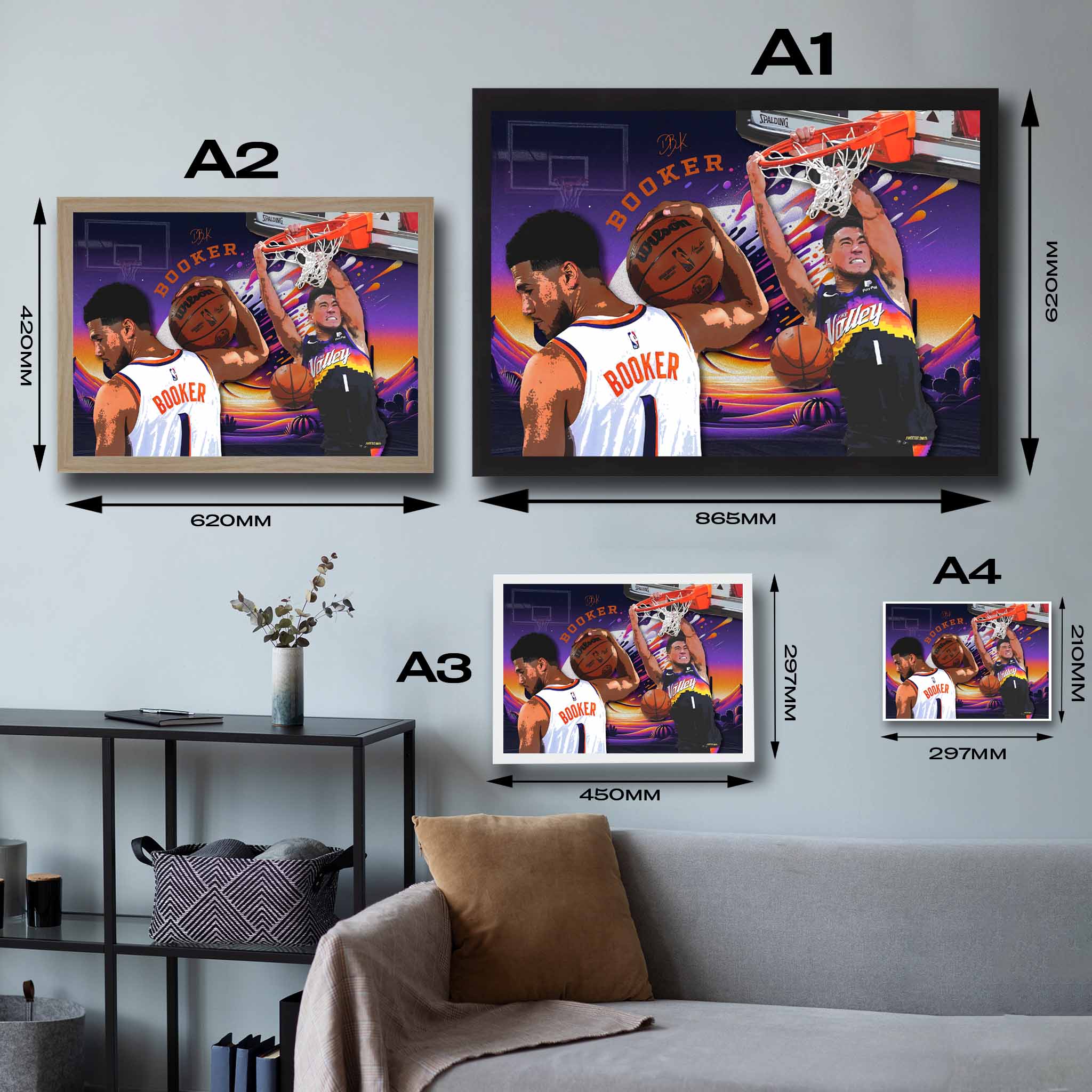 Visual representation of Devin Booker framed art size options, ranging from A4 to A2, to assist selecting the right size for your space and preferences.