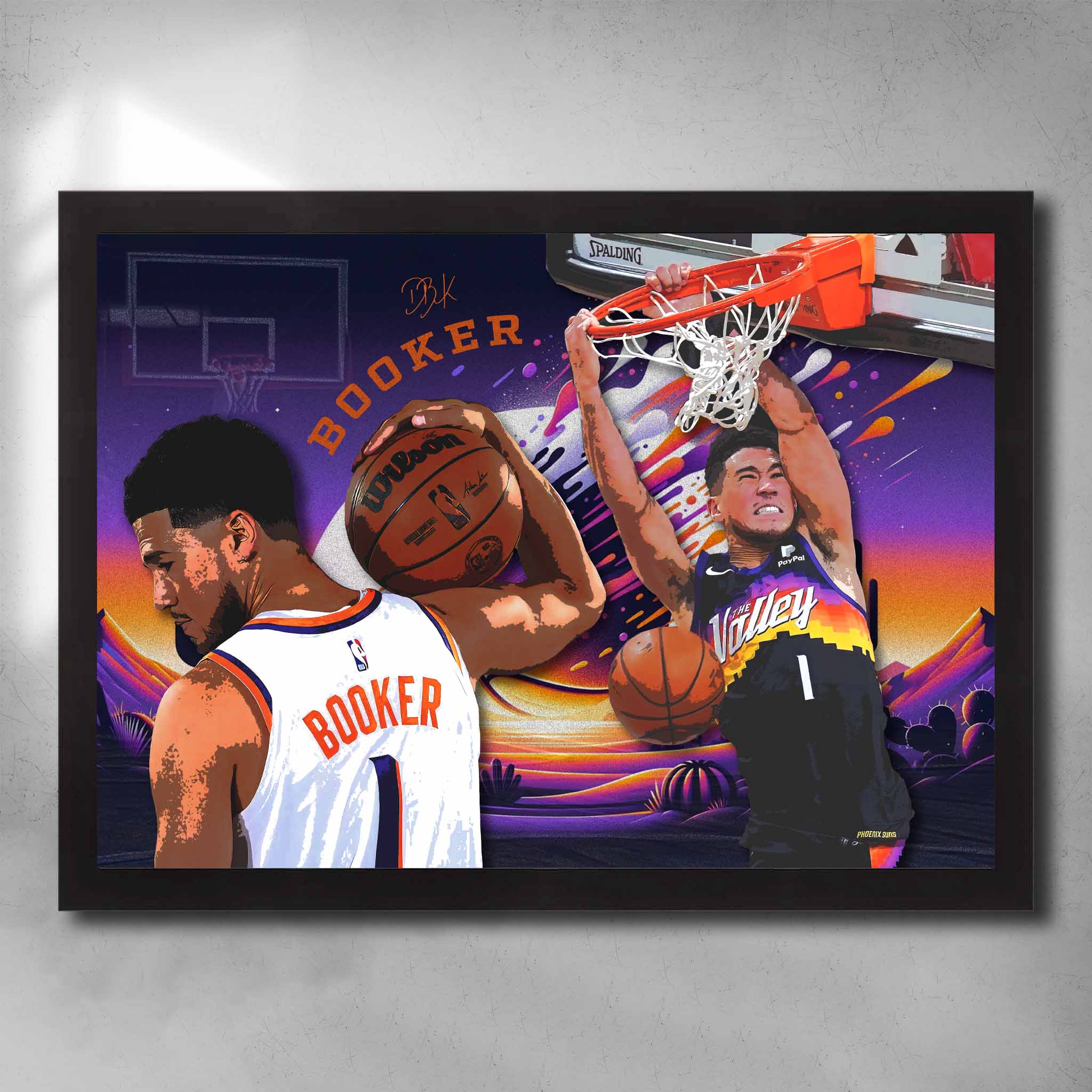 Black framed NBA Art by Sports Cave, featuring Devin Booker from the Pheonix Suns.