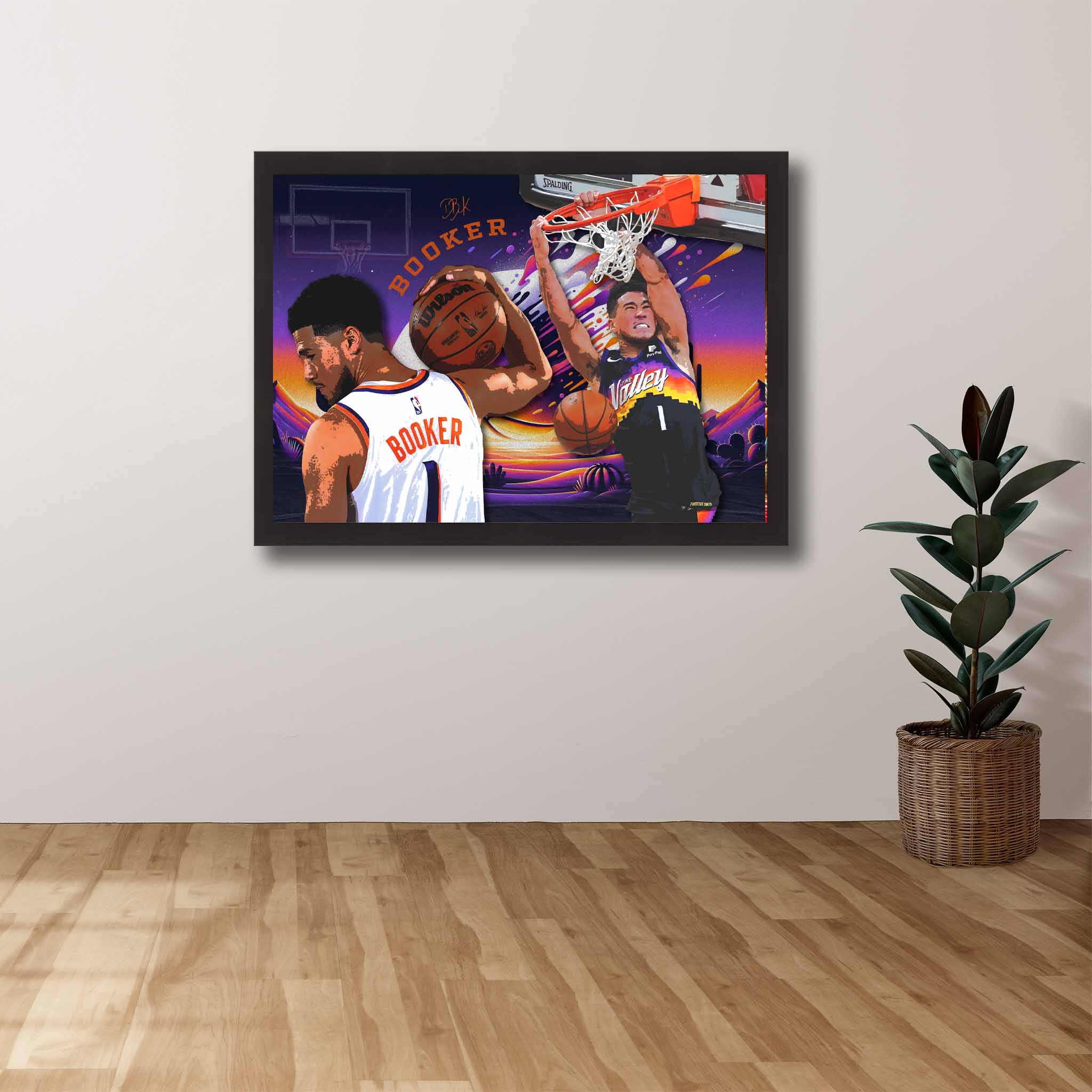 Devoted NBA Pheonix Suns fan's tribute: Devin Booker framed art proudly displayed on the wall.