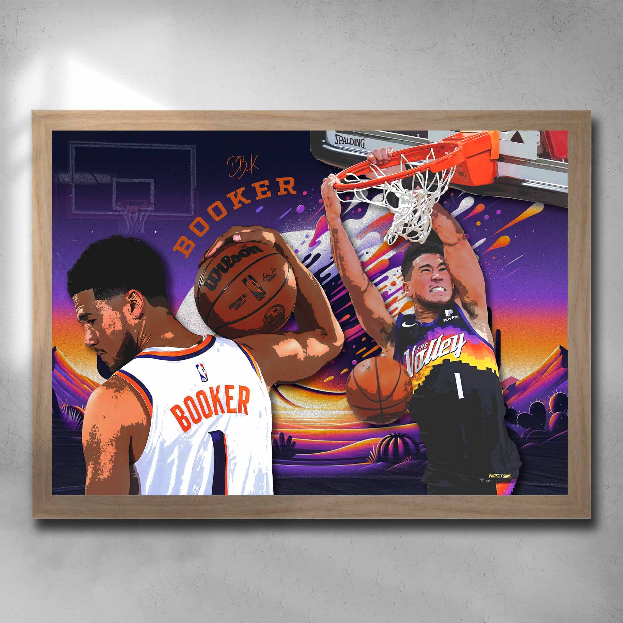 Oak framed NBA Art by Sports Cave, featuring Devin Booker from the Pheonix Suns.