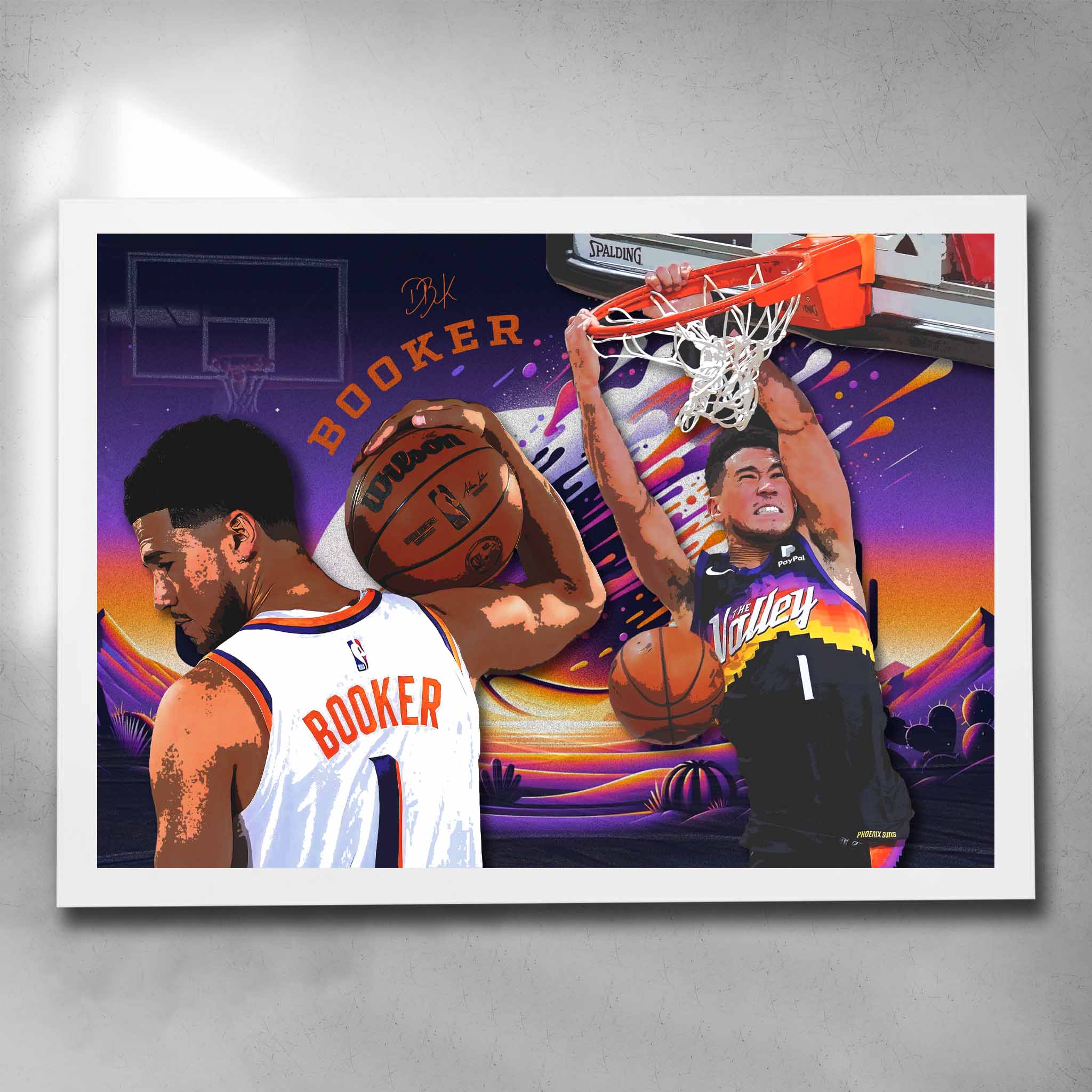 White framed NBA Art by Sports Cave, featuring Devin Booker from the Pheonix Suns.