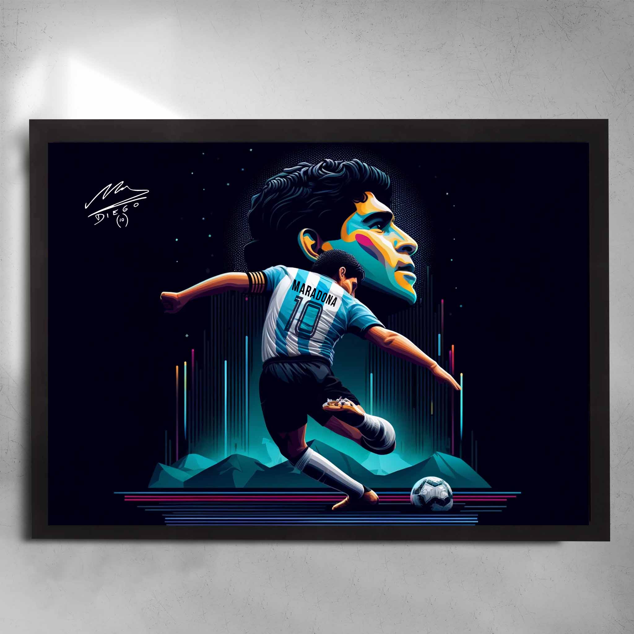 Black framed soccer art featuring a signed print of the legendary Diego Maradona playing for Argentina - Artwork by Sports Cave.