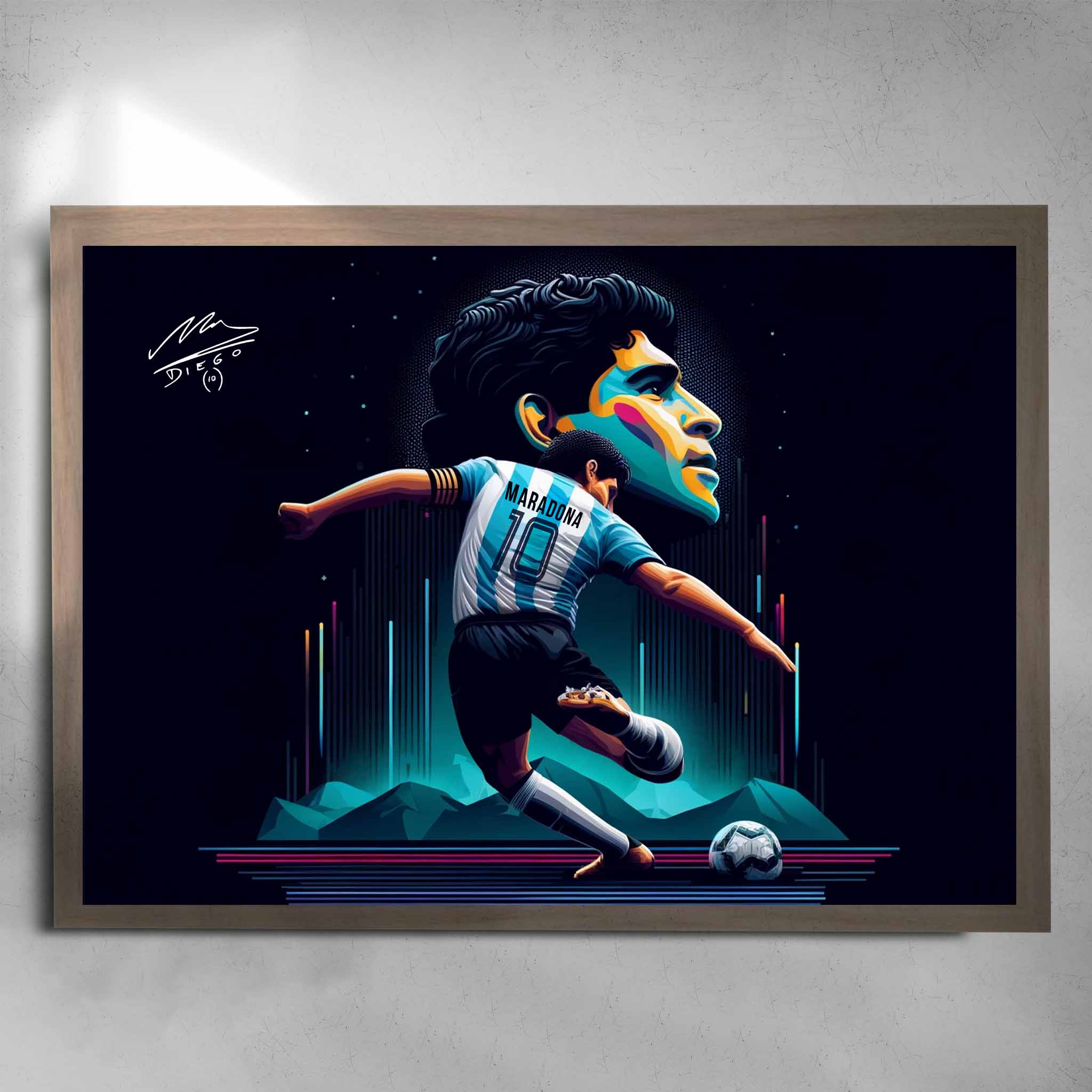 Oak framed soccer art featuring a signed print of the legendary Diego Maradona playing for Argentina - Artwork by Sports Cave.