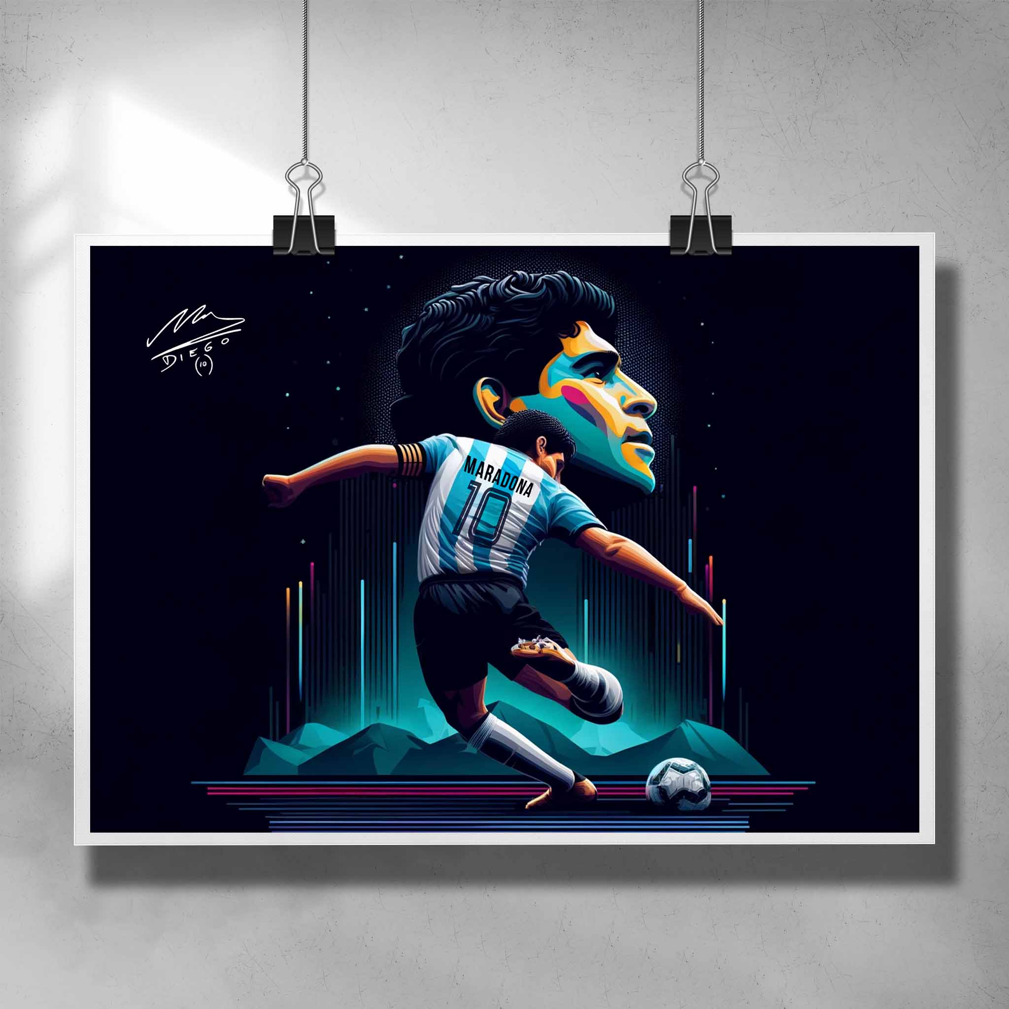 Unique Football poster of the legendary Diego Maradona playing for Argentina - Artwork by Sports Cave.