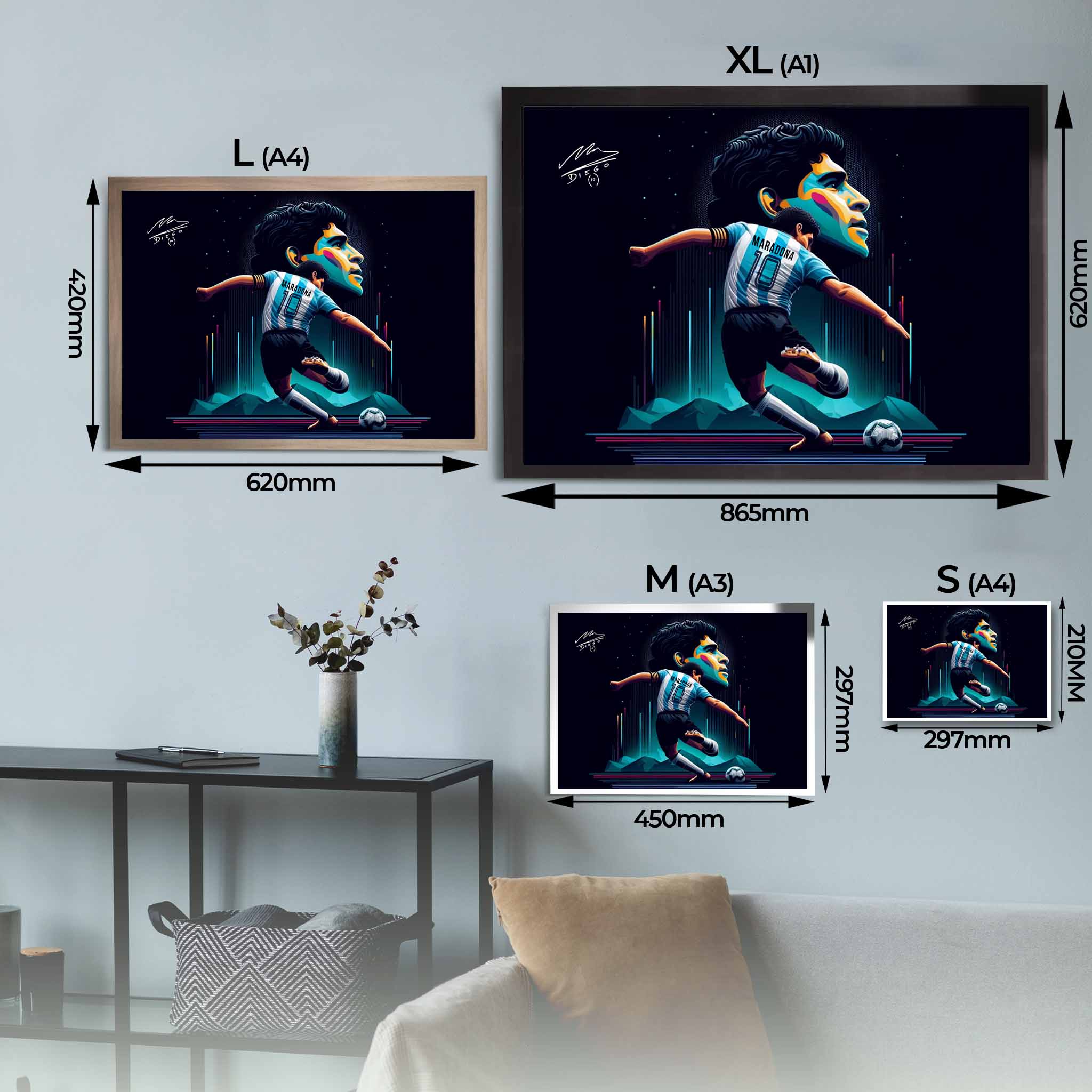 Visual representation of Diego Maradona framed art size options, ranging from A4 to A1, to assist customers in selecting the right size for their space and preferences.