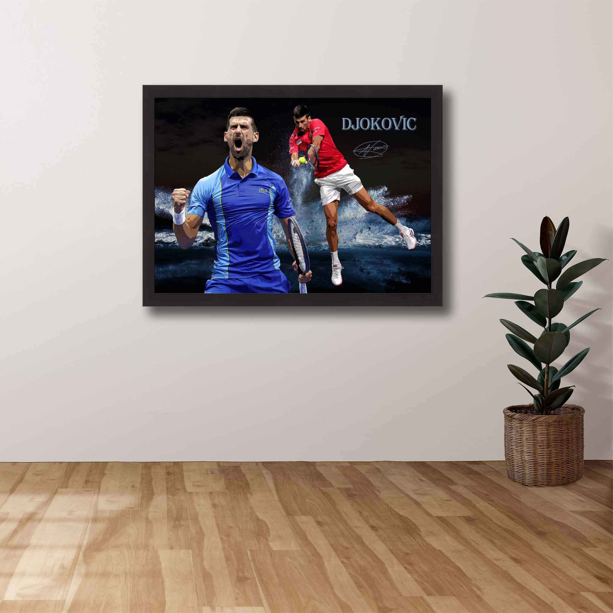 Devoted tennis fan's tribute: Novak Djokovic framed art proudly displayed on the wall.