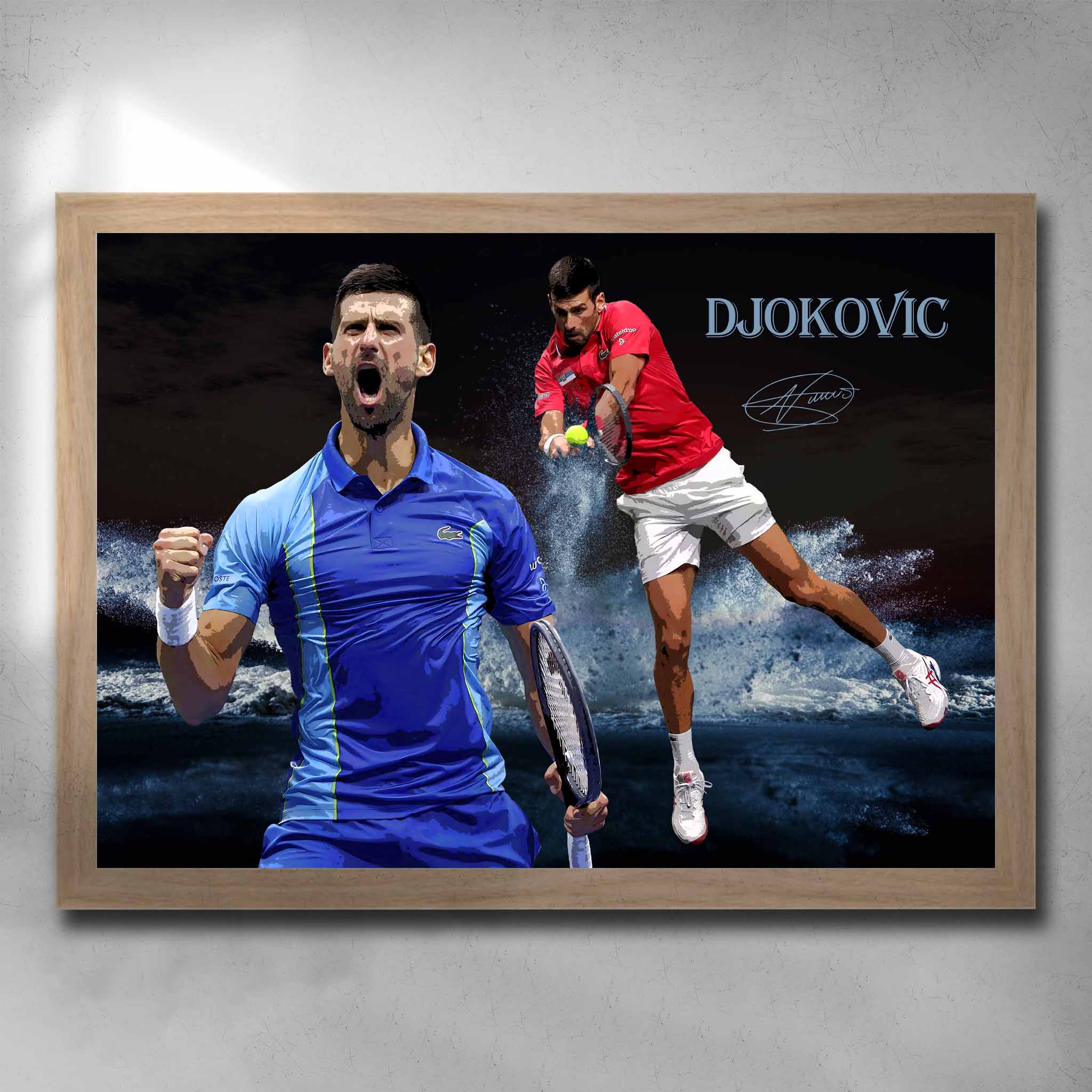 Oak framed tennis art by Sports Cave, featuring tennis legend Novak Djokovic. 