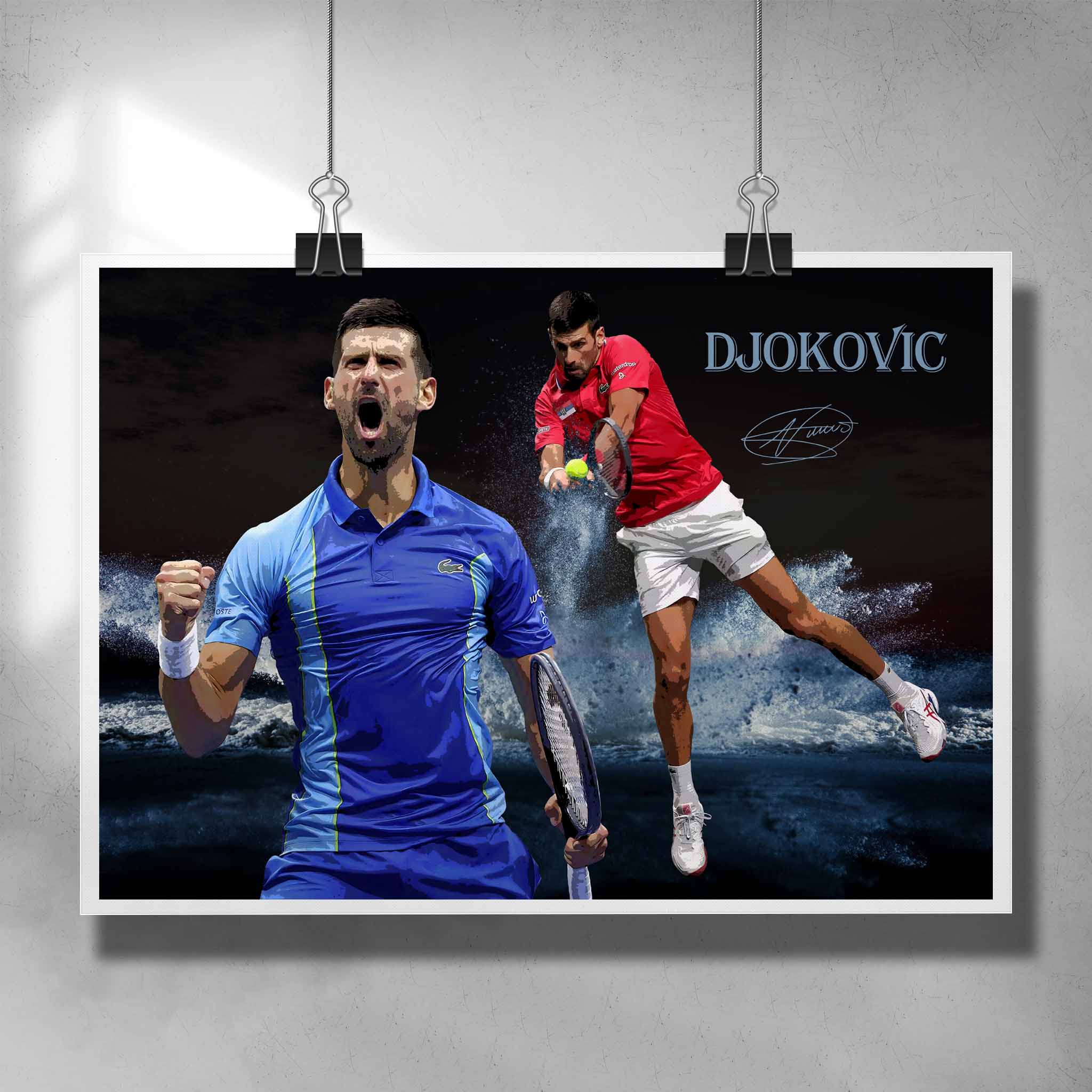 Unique tennis poster by Sports Cave, featuring tennis legend Novak Djokovic. 