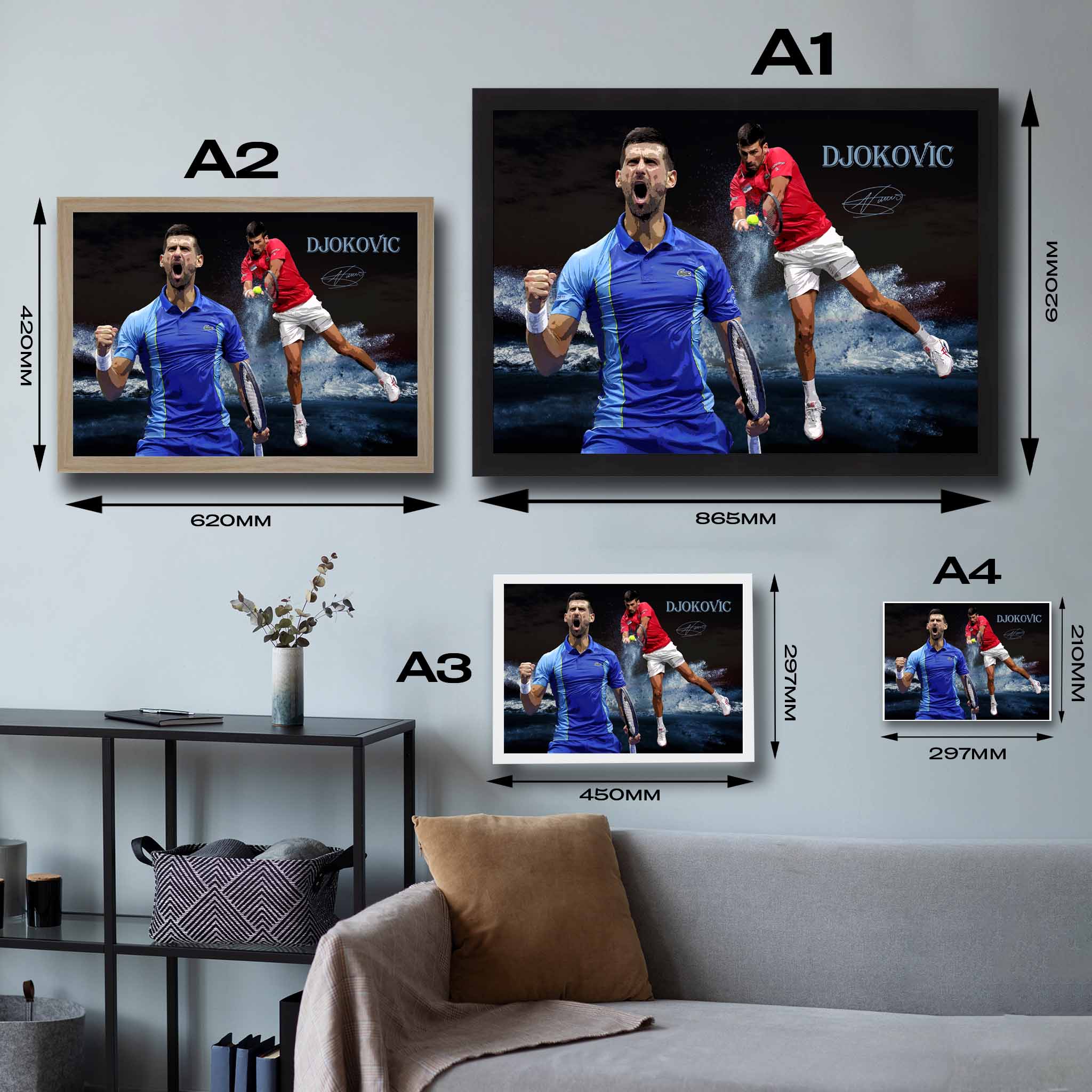 Visual sizing representation of Novak Djokovic framed art size options, ranging from A4 to A2, for selecting the right size for your space.