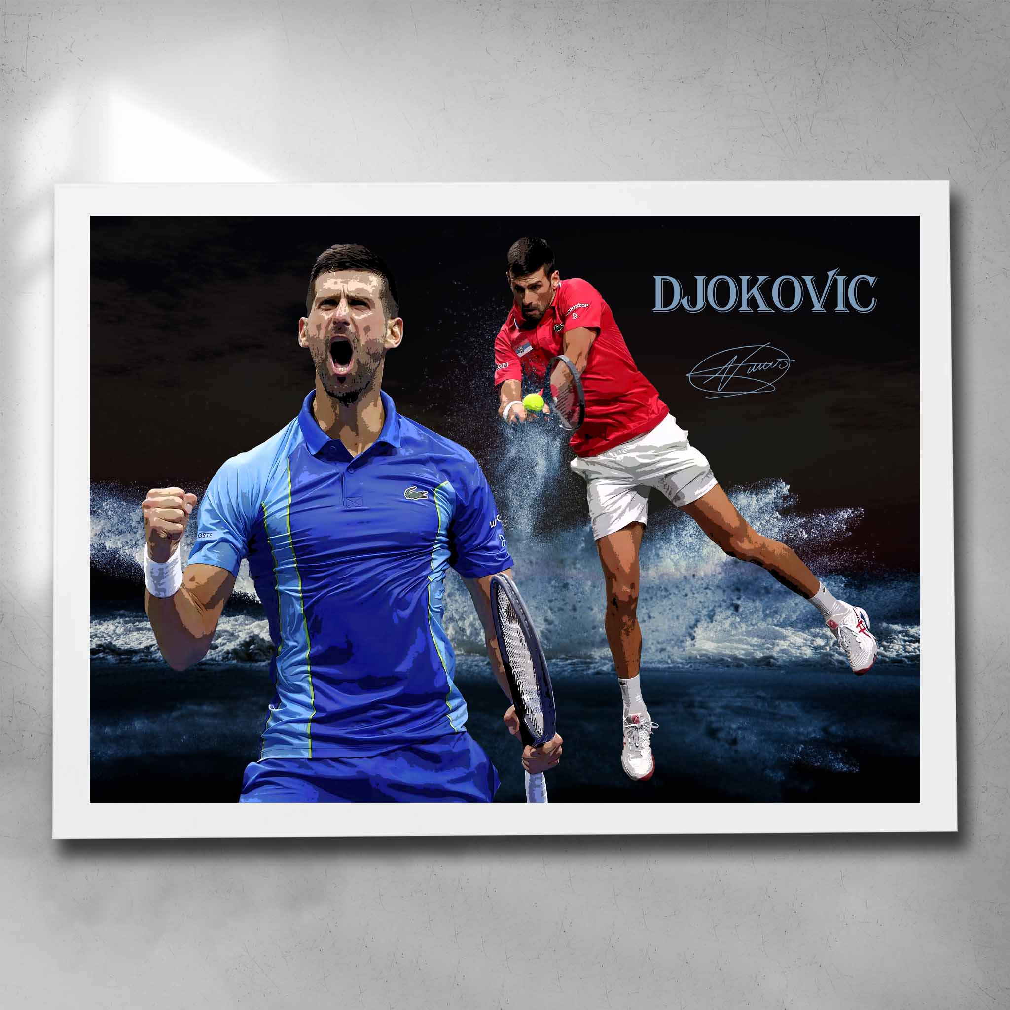 White framed tennis art by Sports Cave, featuring tennis legend Novak Djokovic. 