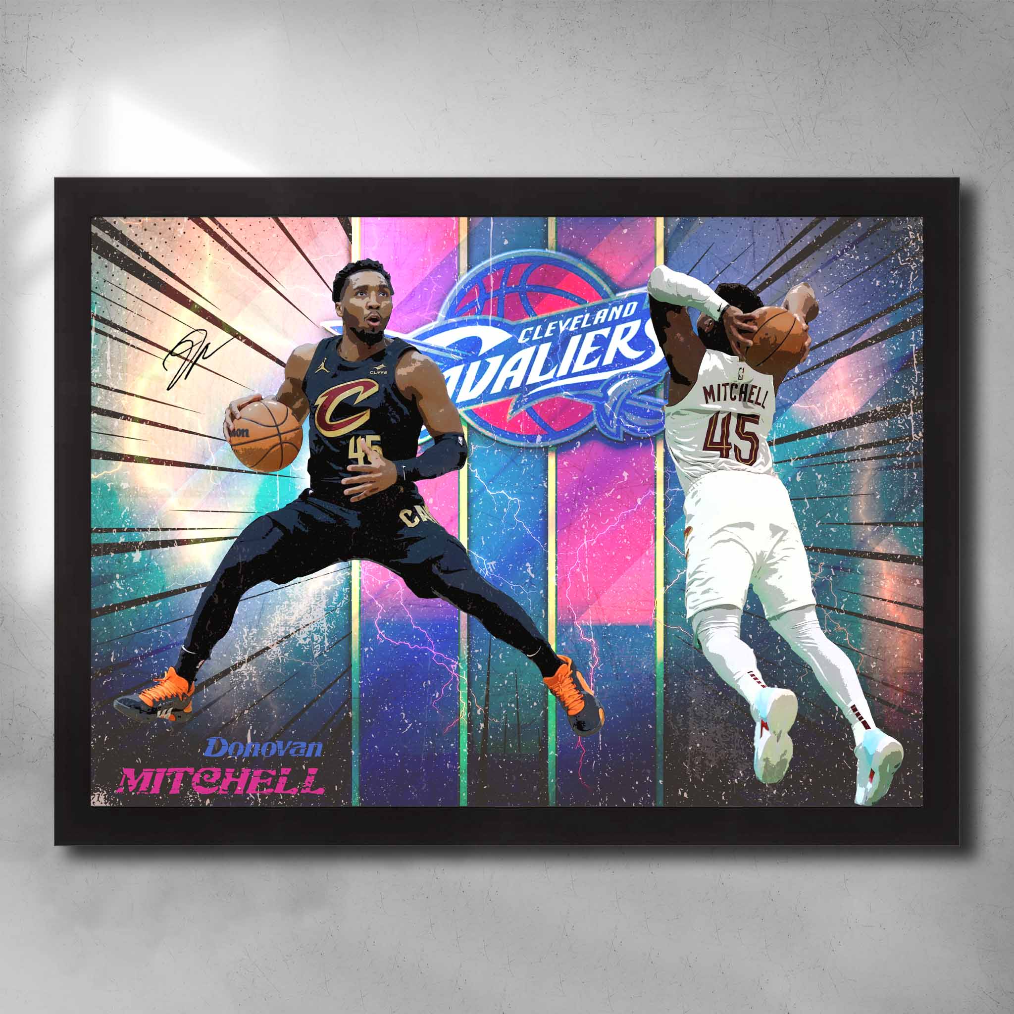 Black framed NBA art by Sports Cave featuring Donovan Mitchell from the Cleveland Cavaliers.