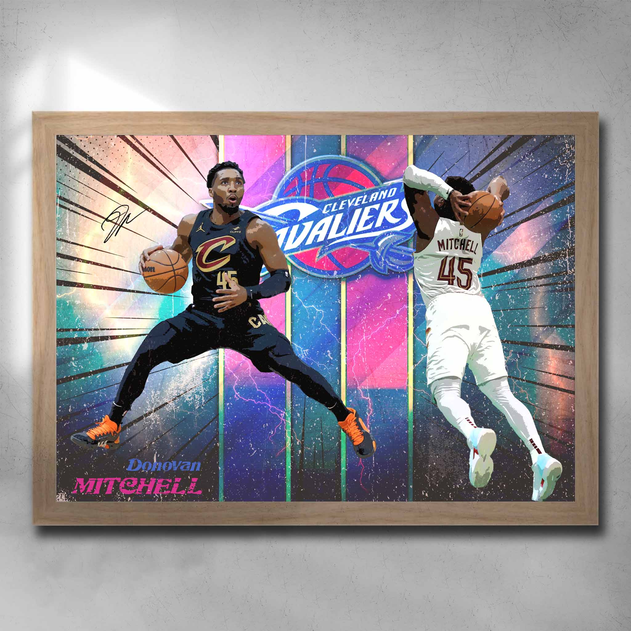 Oak framed NBA art by Sports Cave featuring Donovan Mitchell from the Cleveland Cavaliers.