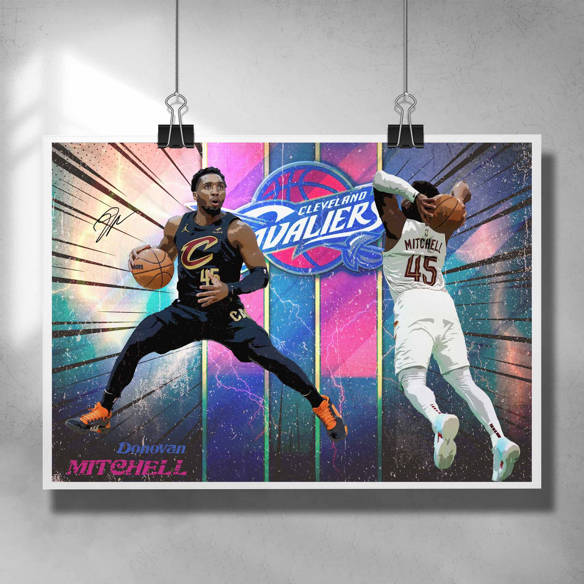 Unique NBA poster by Sports Cave featuring Donovan Mitchell from the Cleveland Cavaliers.