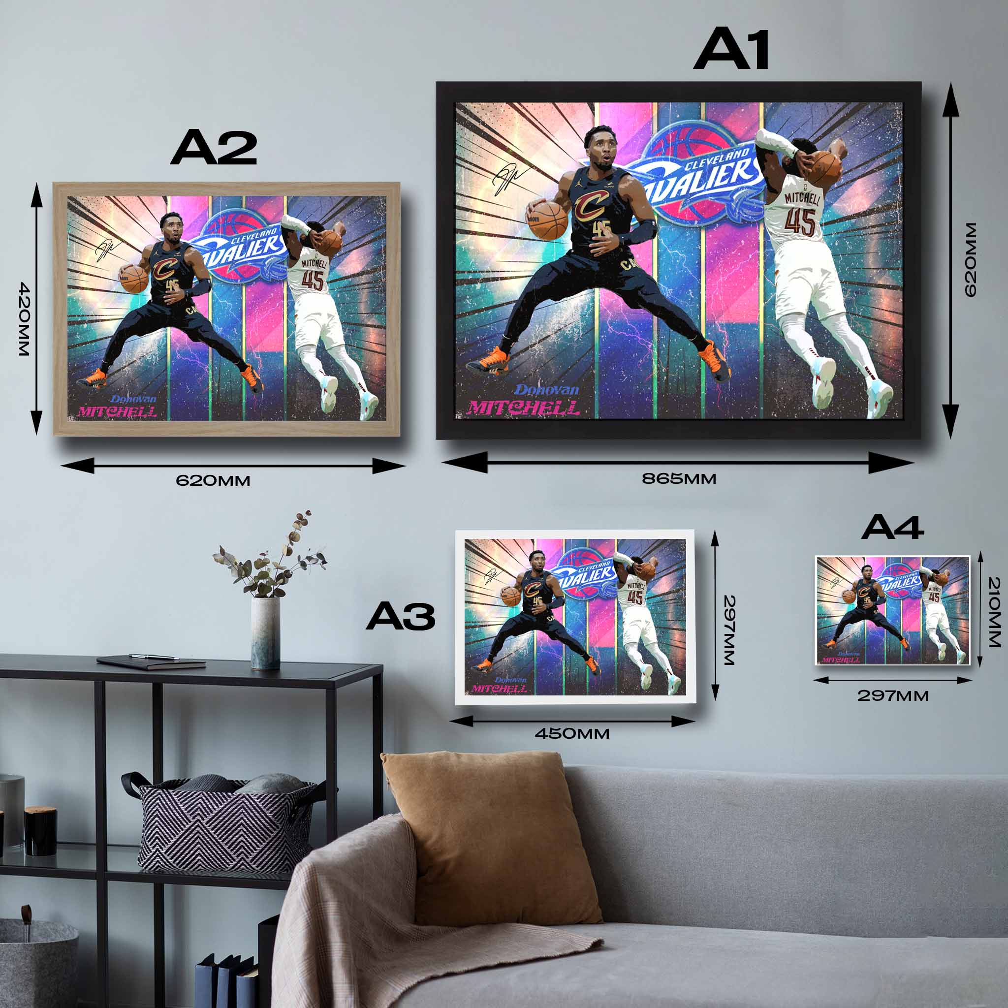 Visual representation of Donovan Mitchell framed art size options, ranging from A4 to A2, for selecting the right size for your space.