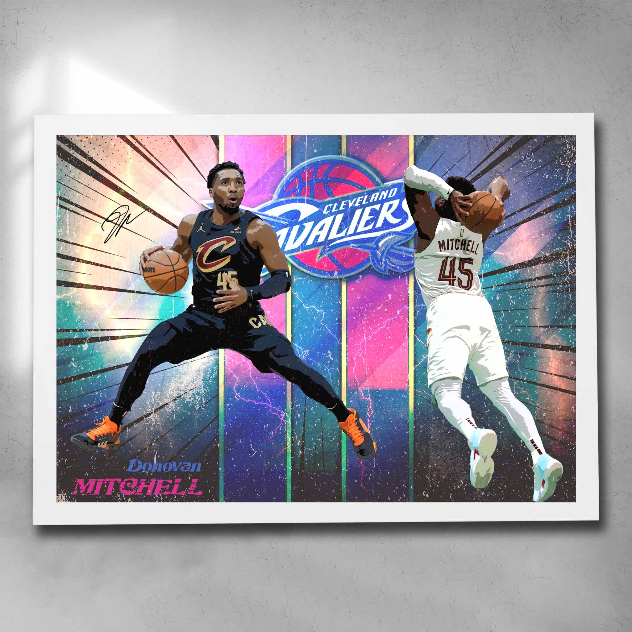 White framed NBA art by Sports Cave featuring Donovan Mitchell from the Cleveland Cavaliers.