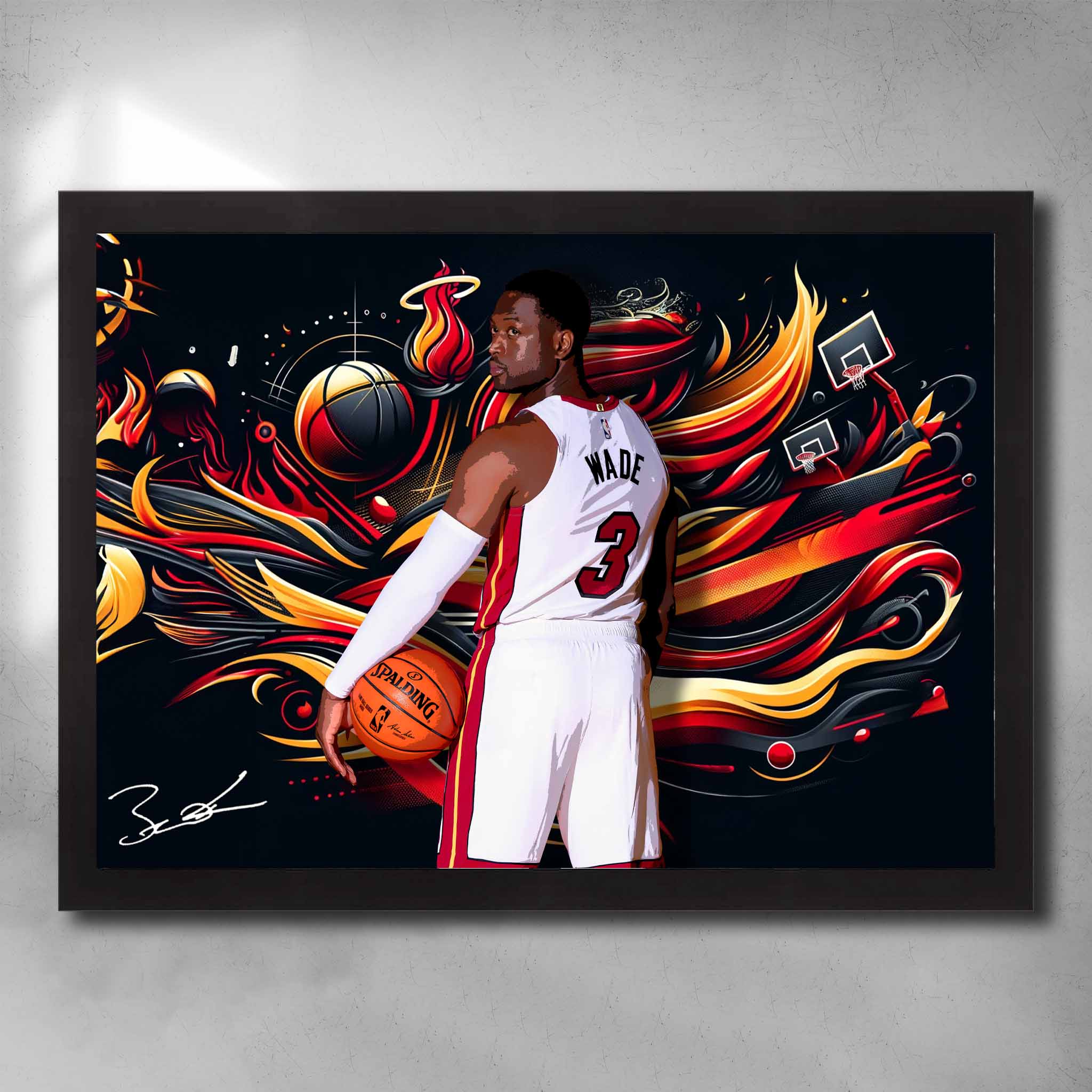 Black framed NBA art by Sports Cave, featuring Dwayne Wade from the Miami Heat.