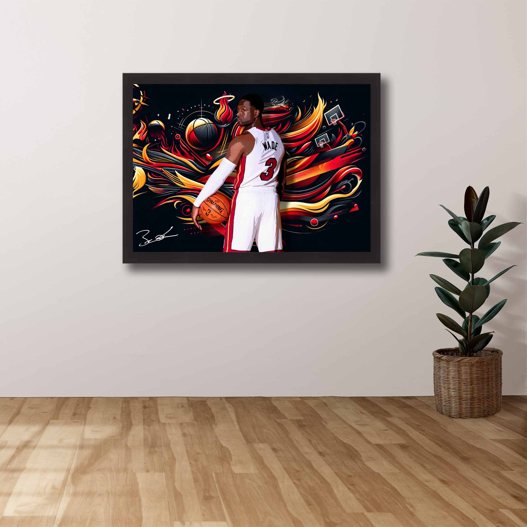 Devoted Miami Heat fan's tribute: Dwayne Wade framed art proudly displayed on the wall.